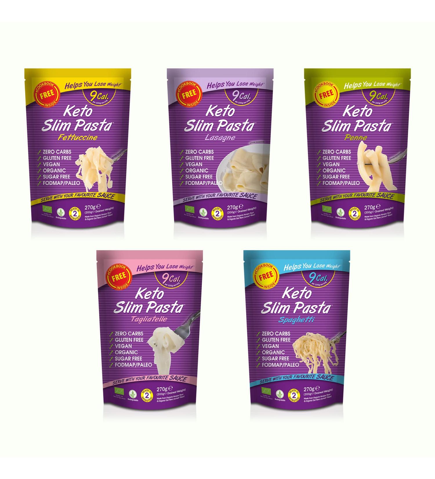 Eat Water Slim Konjac Pasta Penne Fettuccine Spaghetti Lasagne & Tagliatelle - Zero Sugar Low Calorie Keto Paleo & Vegan Diets | 2 of Each 270g - Buy Online on SooperMarket.com