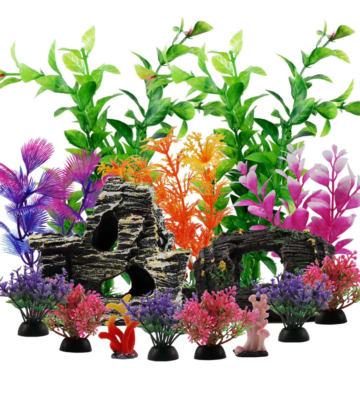 PietyPet 15pcs Fish Tank Decorations: Resin Broken Barrel, Cave Rock, Plastic Plants, Hideout Ornaments - Aquarium Decor Set - Buy Online on SooperMarket.com