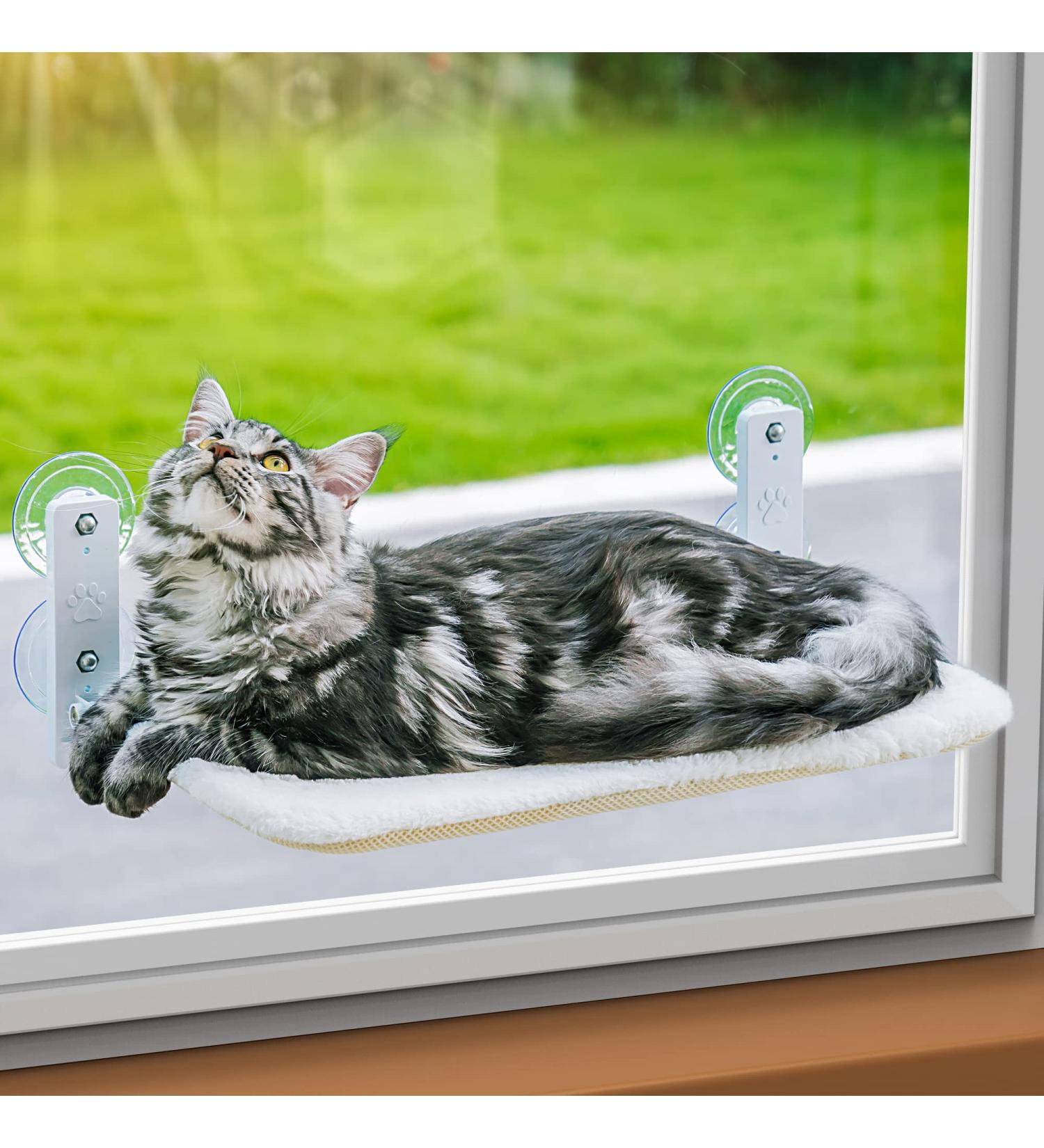 Durable Cat Window Perch Hammock Seat - Reversible Mat, Foldable Bed for Indoor Cats - All-Season Sunbathing Spot - Holds Up to 40 lbs - Beige - Buy Online on SooperMarket.com