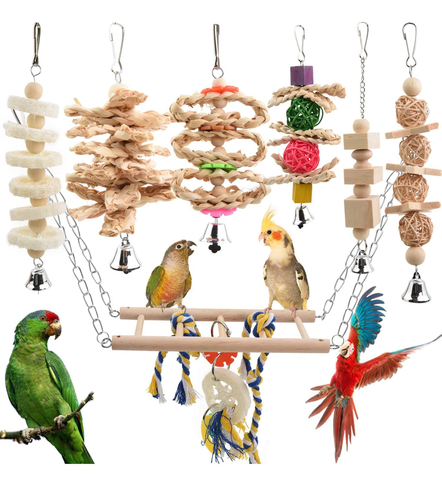 Onebarleycorn Budgie & Parrot Toy Set - 7 Wooden Bird Toys Swings & Canaries for Happy Pet Playtime - Buy Online on SooperMarket.com