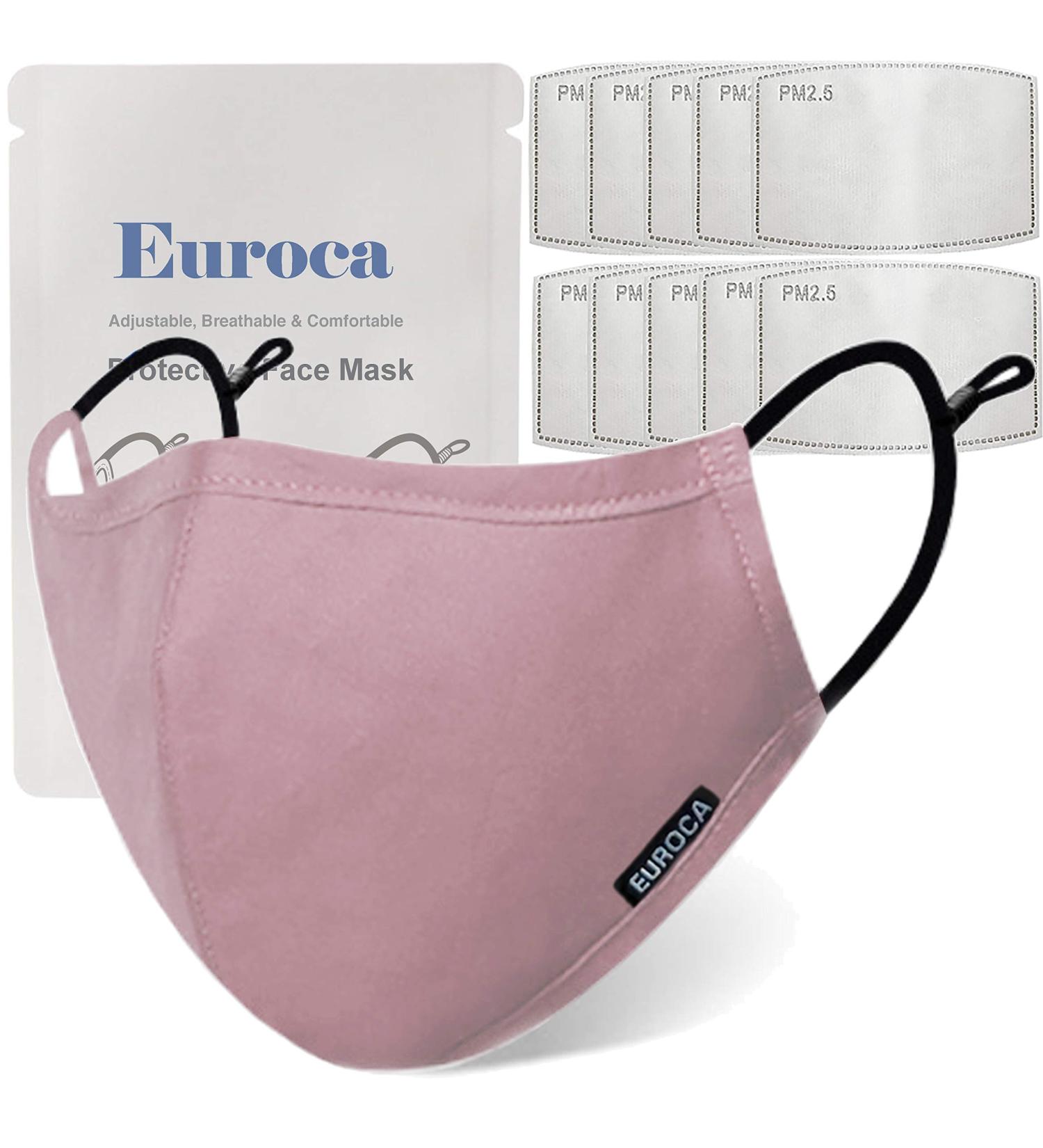 Euroca Cloth Face Mask 3 Layer Reusable Washable Adjustable with Filter Pocket for Adult -1 Mask with 10 Filters Mauve Small - Buy Online on SooperMarket.com
