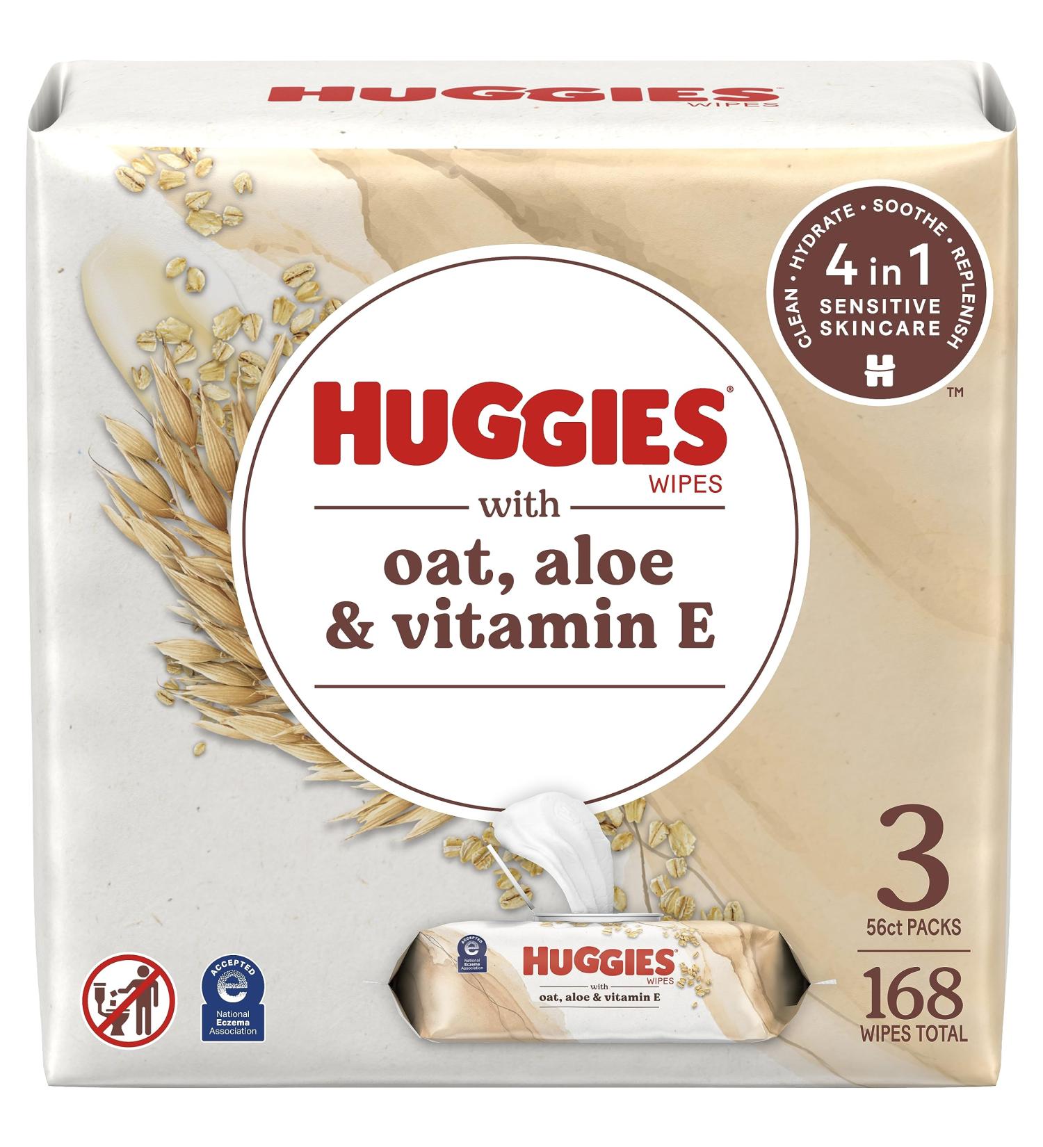 Huggies Wipes with Oat Aloe & Vitamin E Unscented 3 Push Button Packs (168 Wipes Total) - Buy Online on SooperMarket.com