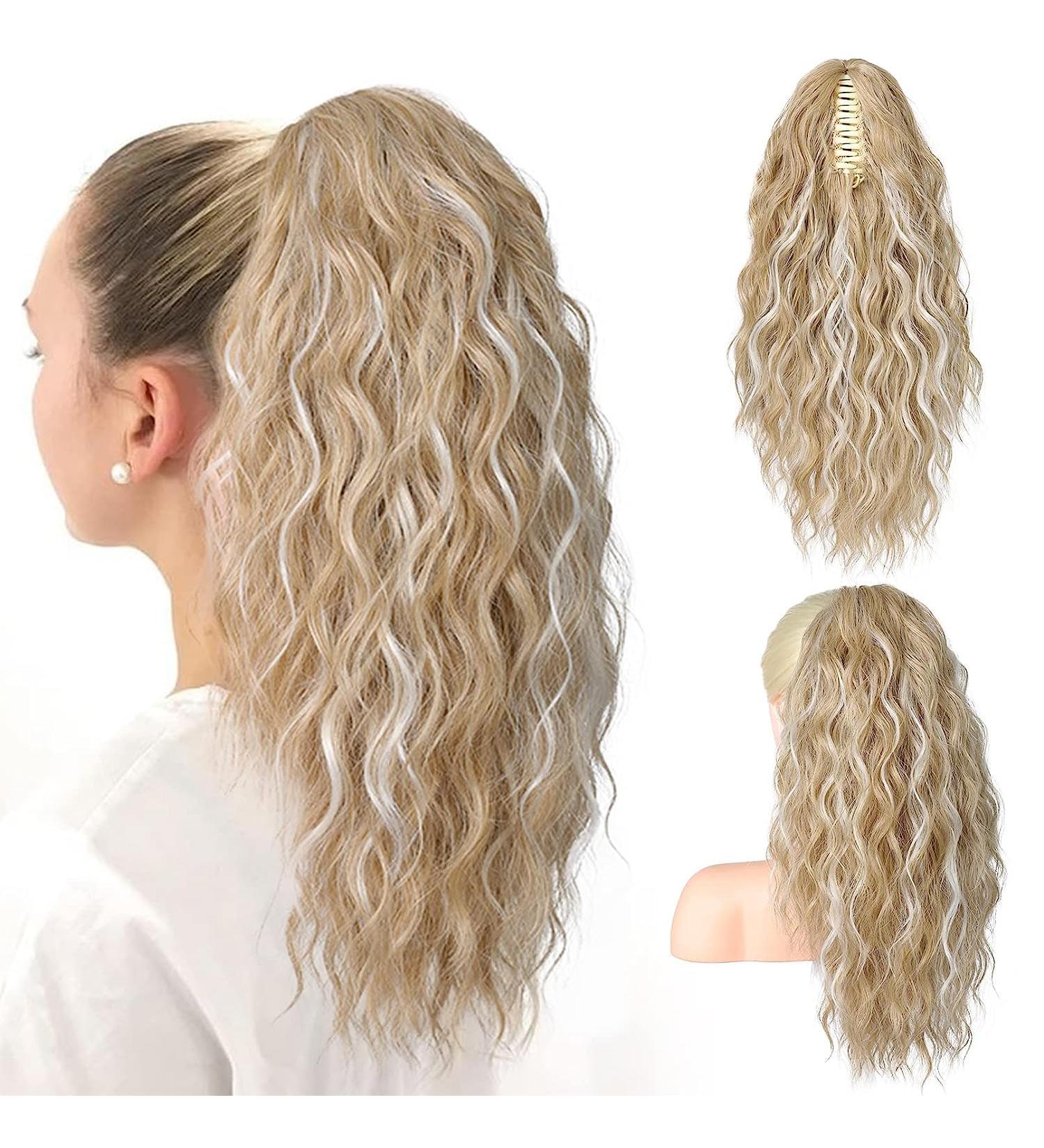 PORSMEER Ponytail Extension Claw Clip Ponytail Hair Extensions Blonde highlights Natural Looking Long Curly Wavy Multi Layered Fluffy Synthetic Hairpiece for Women Girls Daily Wear or Party 18inch Ash Blonde with Highlights - Buy Online on SooperMarket.com