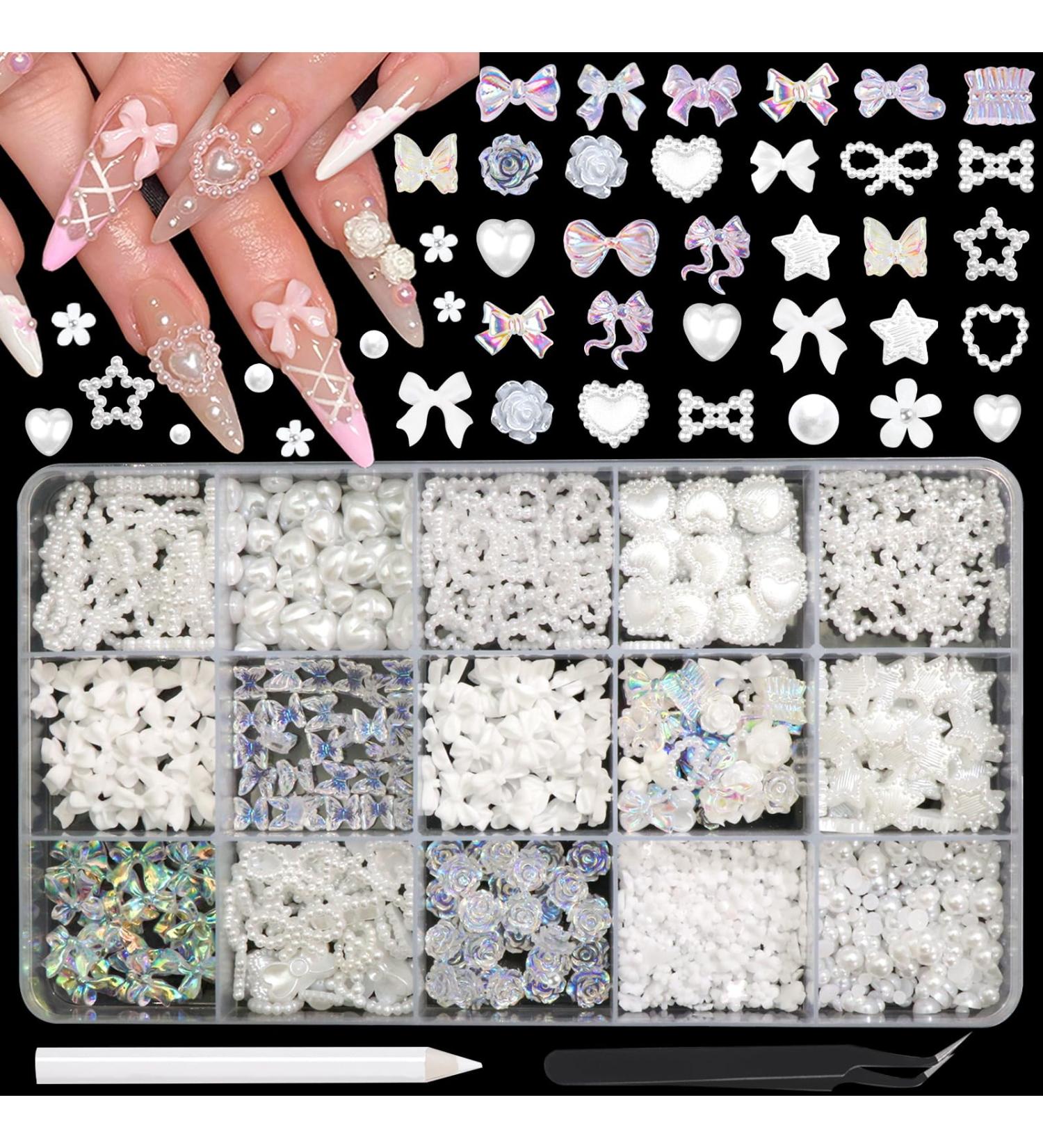 BELICEY White Bow Nail Art Charms - 1000PCS Resin Kawaii Nail Jewels in Multi Shapes for DIY Nail Designs - Includes Tweezer & Pickup Pencil - Buy Online on SooperMarket.com
