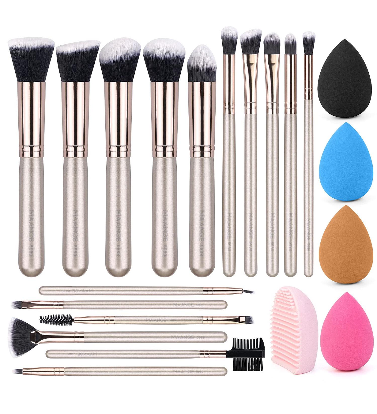 MAANGE 16 Pcs Professional Makeup Brushes Set with Sponges and Cleaner - Champagne Gold - Buy Online on SooperMarket.com