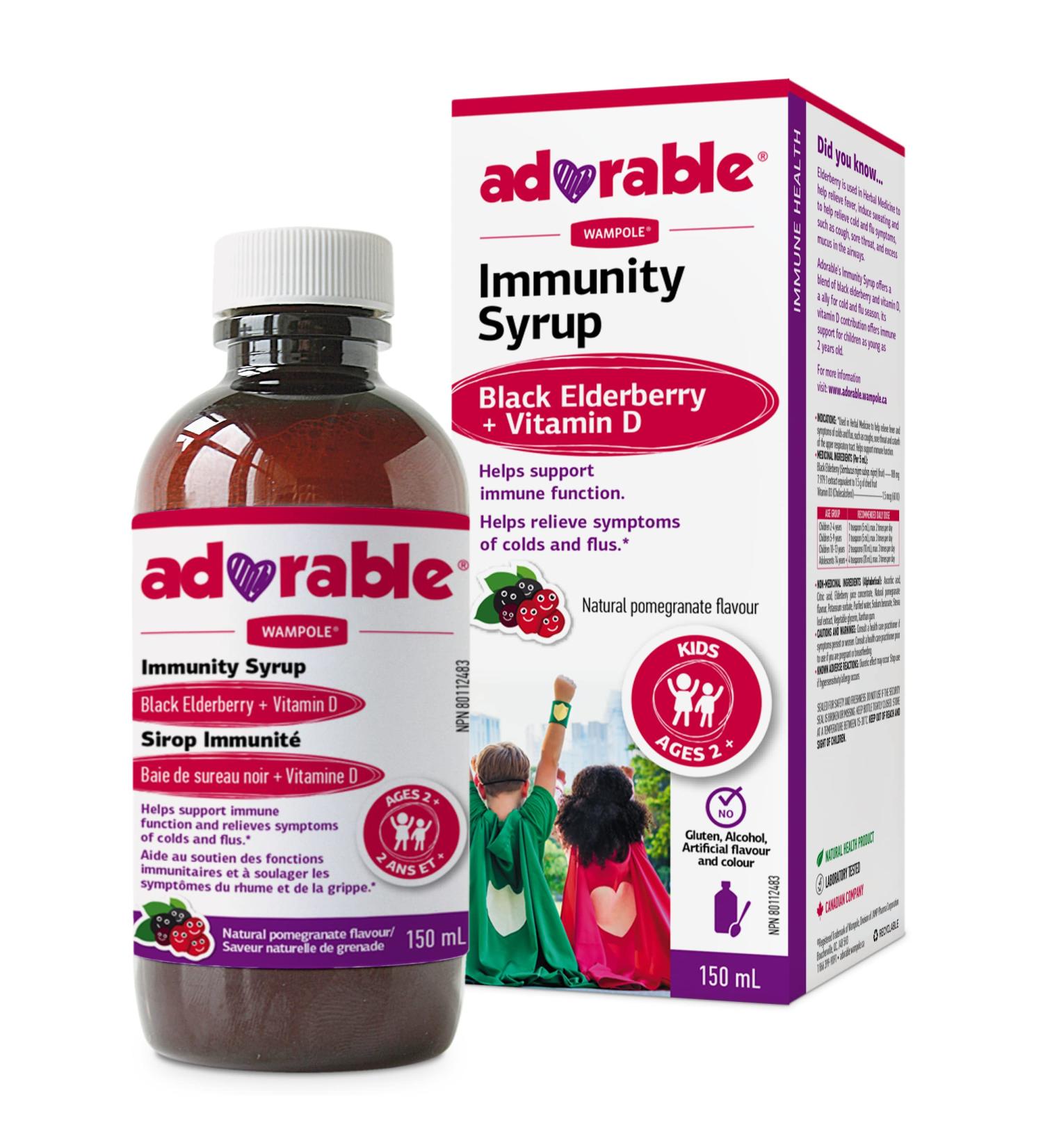 Wampole Adorable Immunity Syrup Black Elderberry + Vitamin D Helps Support the Immune System & Relieve Cold & Flu Symptoms 150 ml - Buy Online on SooperMarket.com