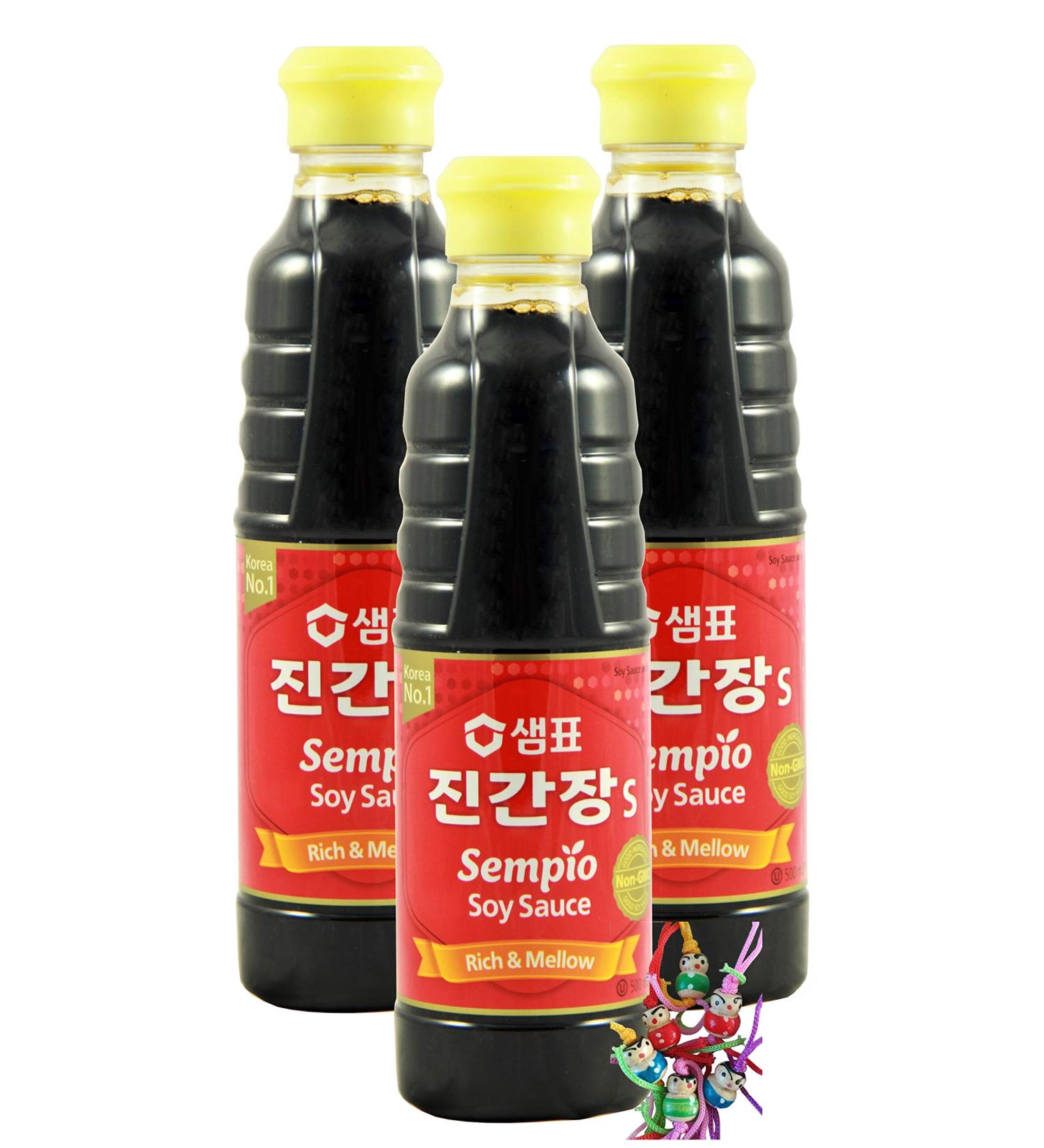 YOAXIA - 3 SPACK - 3x 500ml Sempio Jin S soy sauce/Korean soy sauce/soy sauce/Without use of genetic modification techniques + a small lucky trailer Free Soy 500 ml (3 Pack)