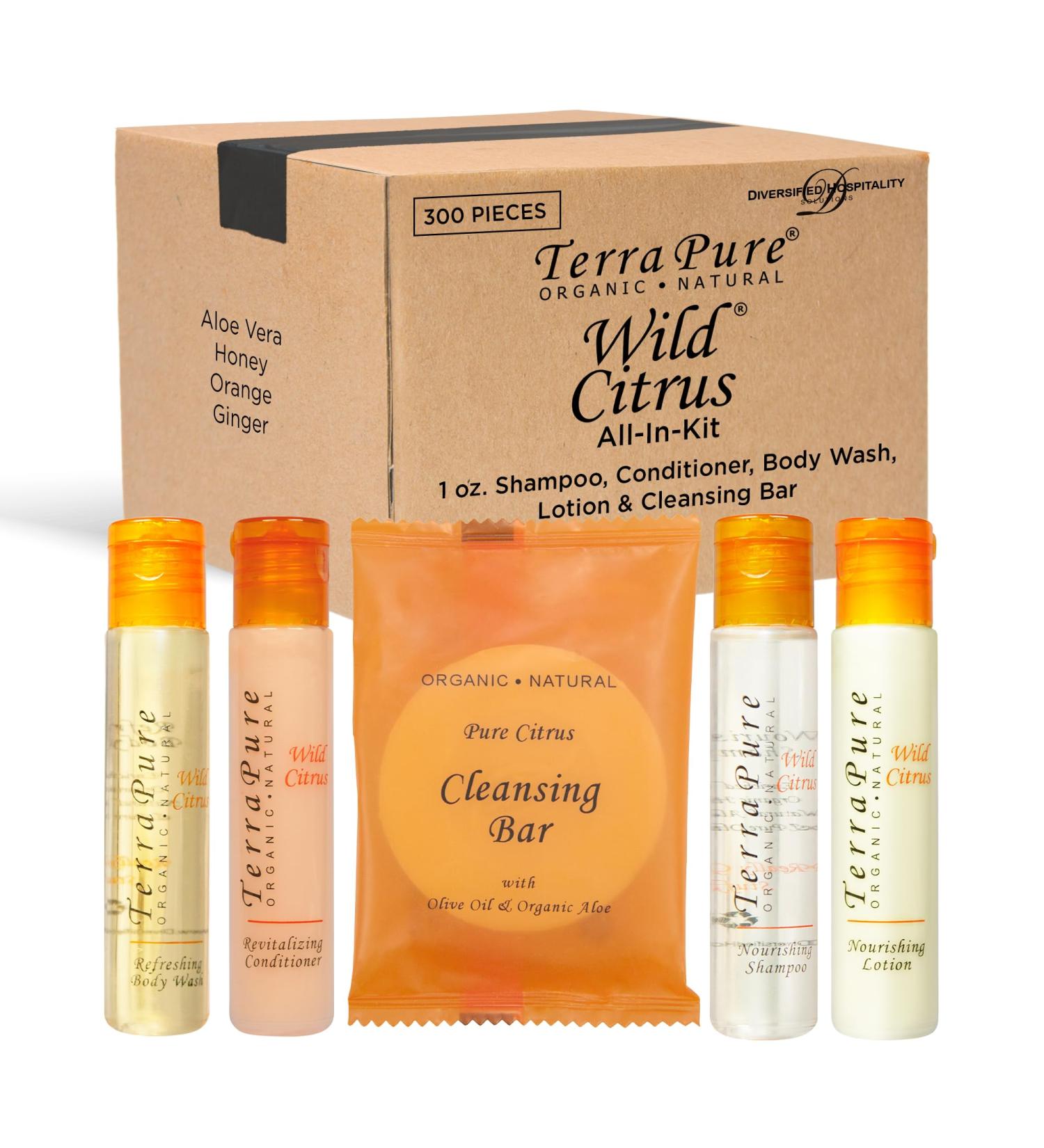 Terra Pure Wild Citrus Hotel Amenities Set - 300 Organic Paraben-Free 1oz Shampoo Conditioner Body Wash Lotion & Soap Bar - Ideal for International eCommerce - Buy Online on SooperMarket.com