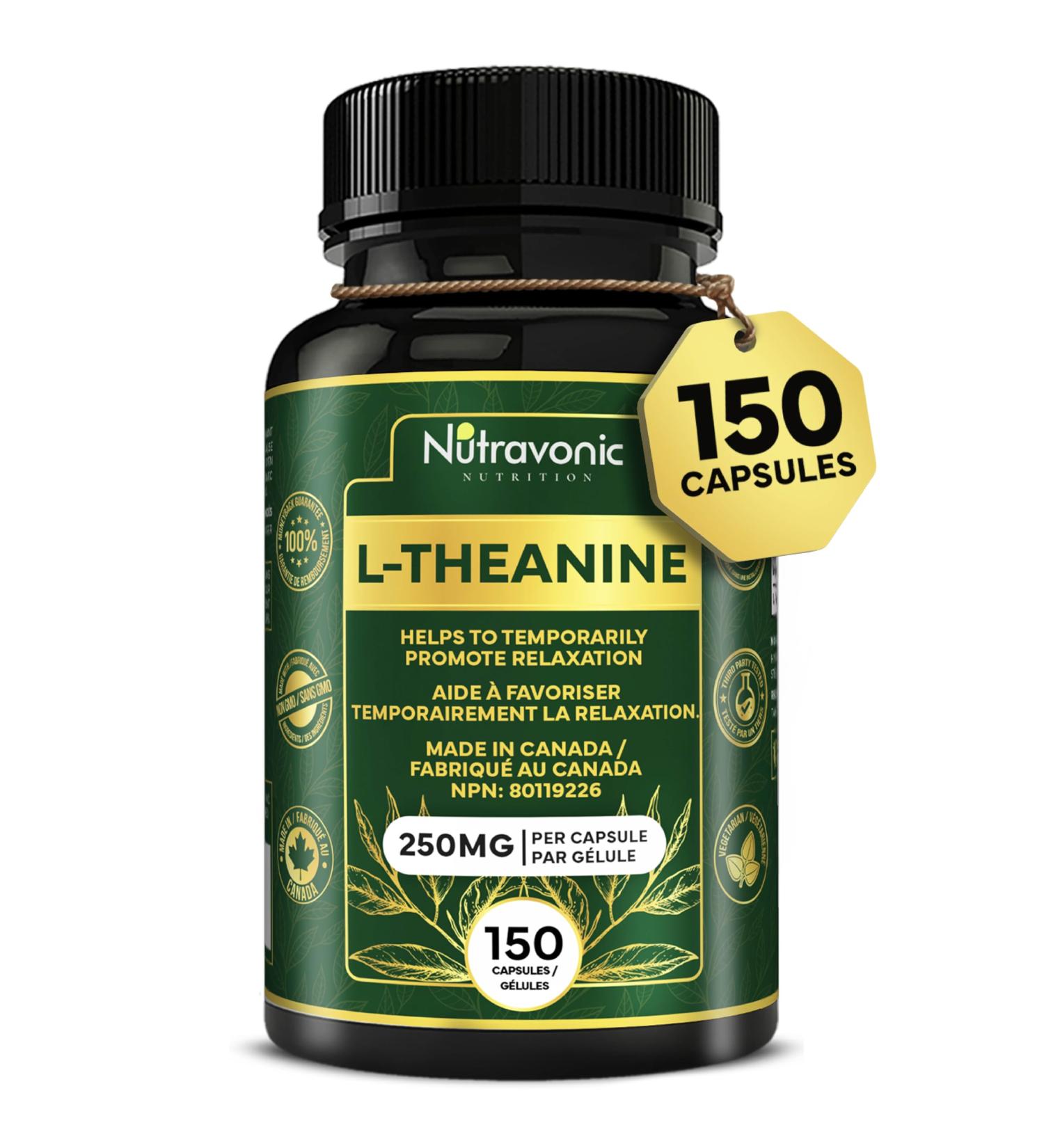 New! Nutravonic L-Theanine Capsules High Potency 250 mg per Capsule (150 Caps). Promotes Relaxation Mental Calmness and Stress Support for Men & Women. Vegan Source. L Theanine 250mg. Non-GMO 150 Capsule 5 Month Supply and Made in Canada. - Buy Online on SooperMarket.com