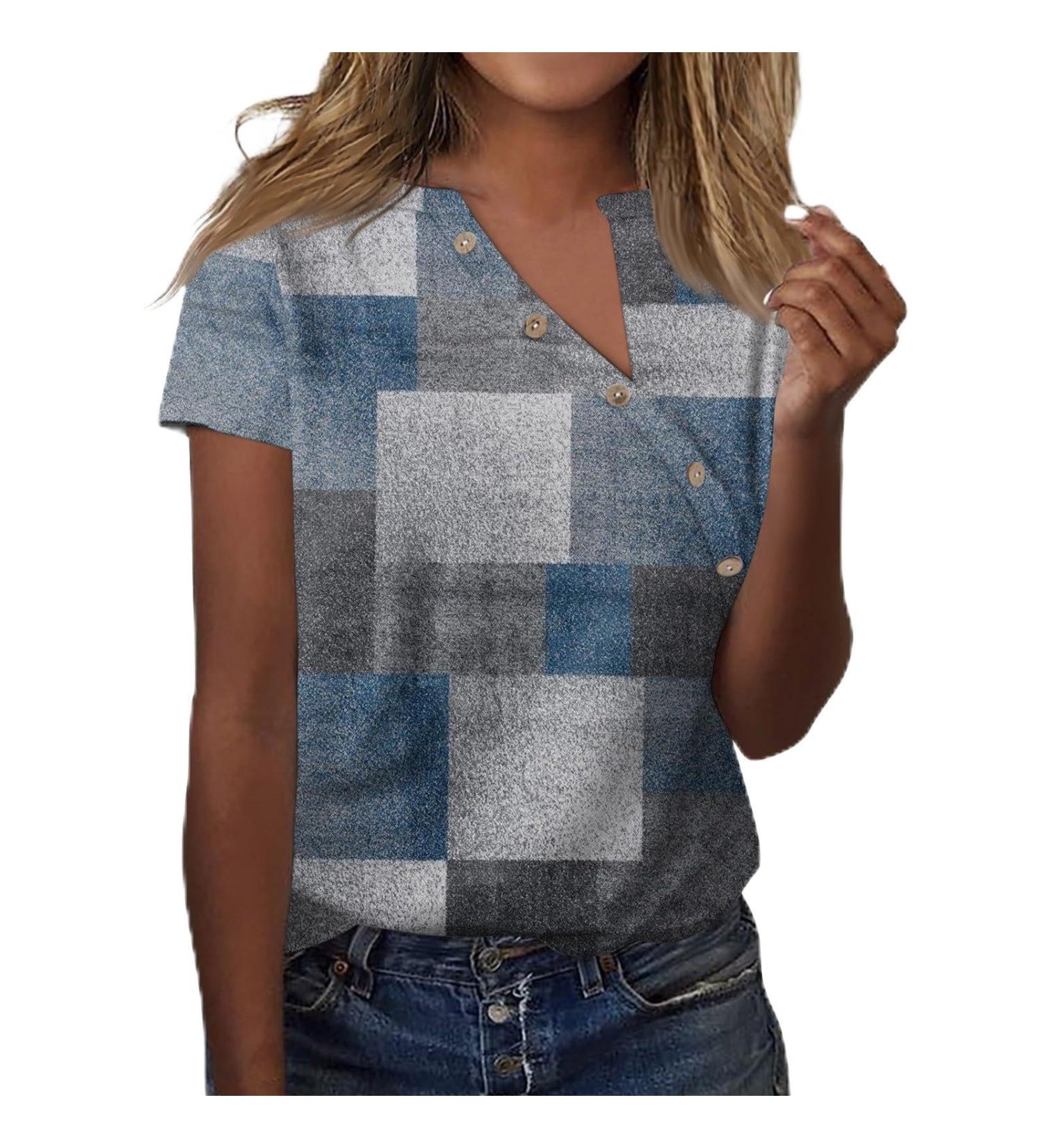 Buy Women's Oversized V Neck Short Sleeve Tops - Trendy Loose Casual Printed Button Down T-Shirt in Blue - Perfect for All Occasions - Buy Online on SooperMarket.com