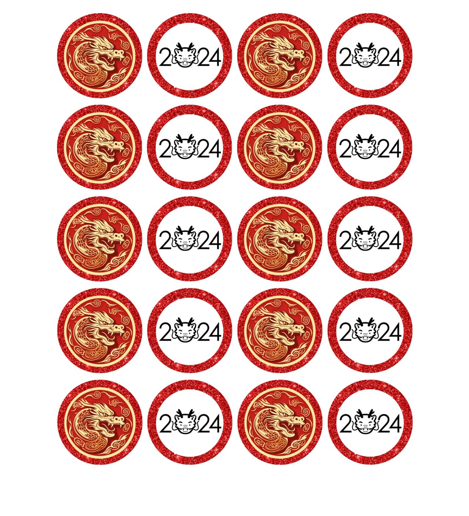 edible 20 x Chinese new year 2024 cupcake toppers UNCUT Year of Dragon -5 (wafer paper) Rice Paper