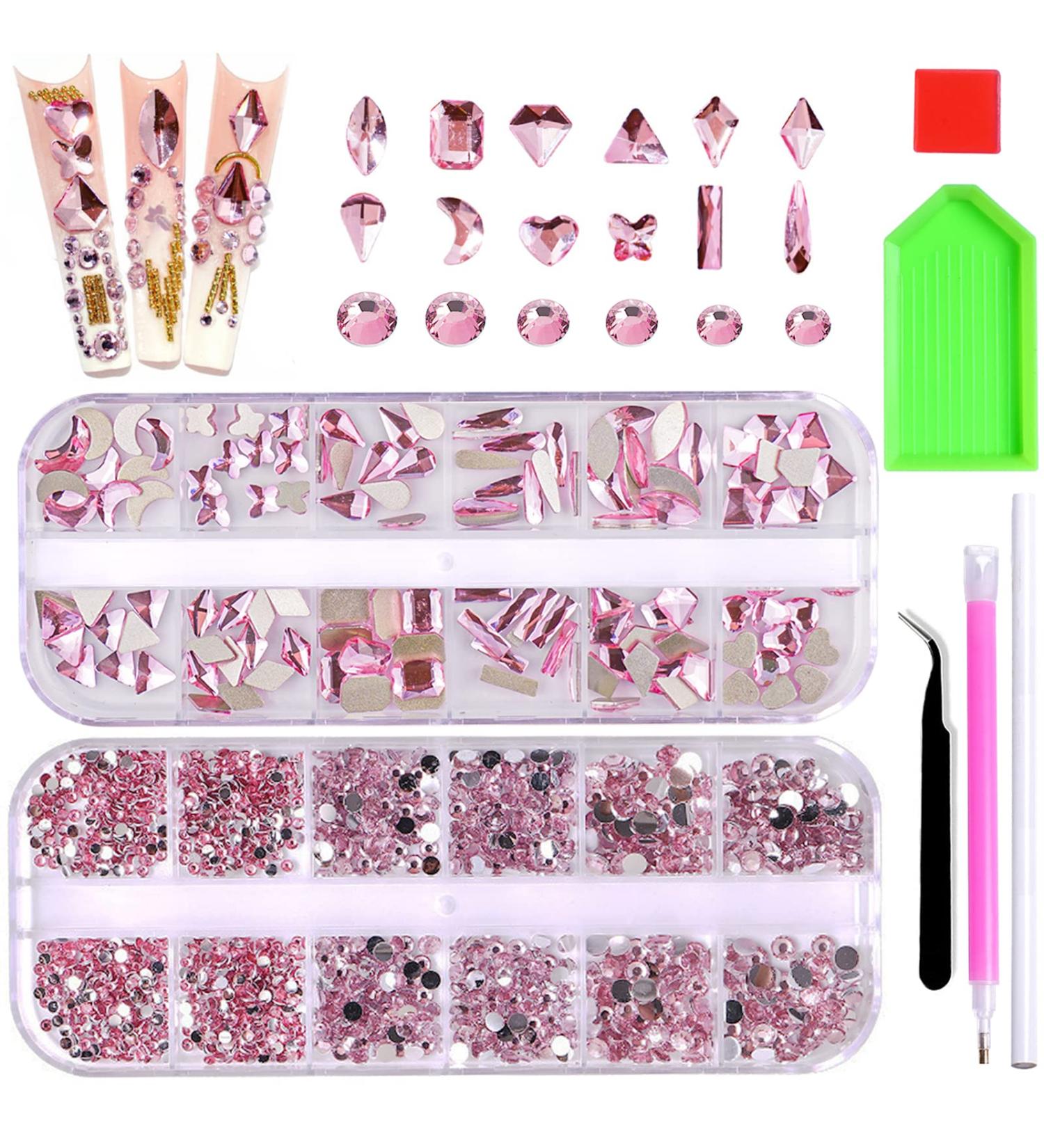Wsimily Pink AB Crystal Nail Rhinestones Kit | 1620 Pcs Flatback Gems for DIY Manicure | Tweezers & Organizer Box Included - Buy Online on SooperMarket.com