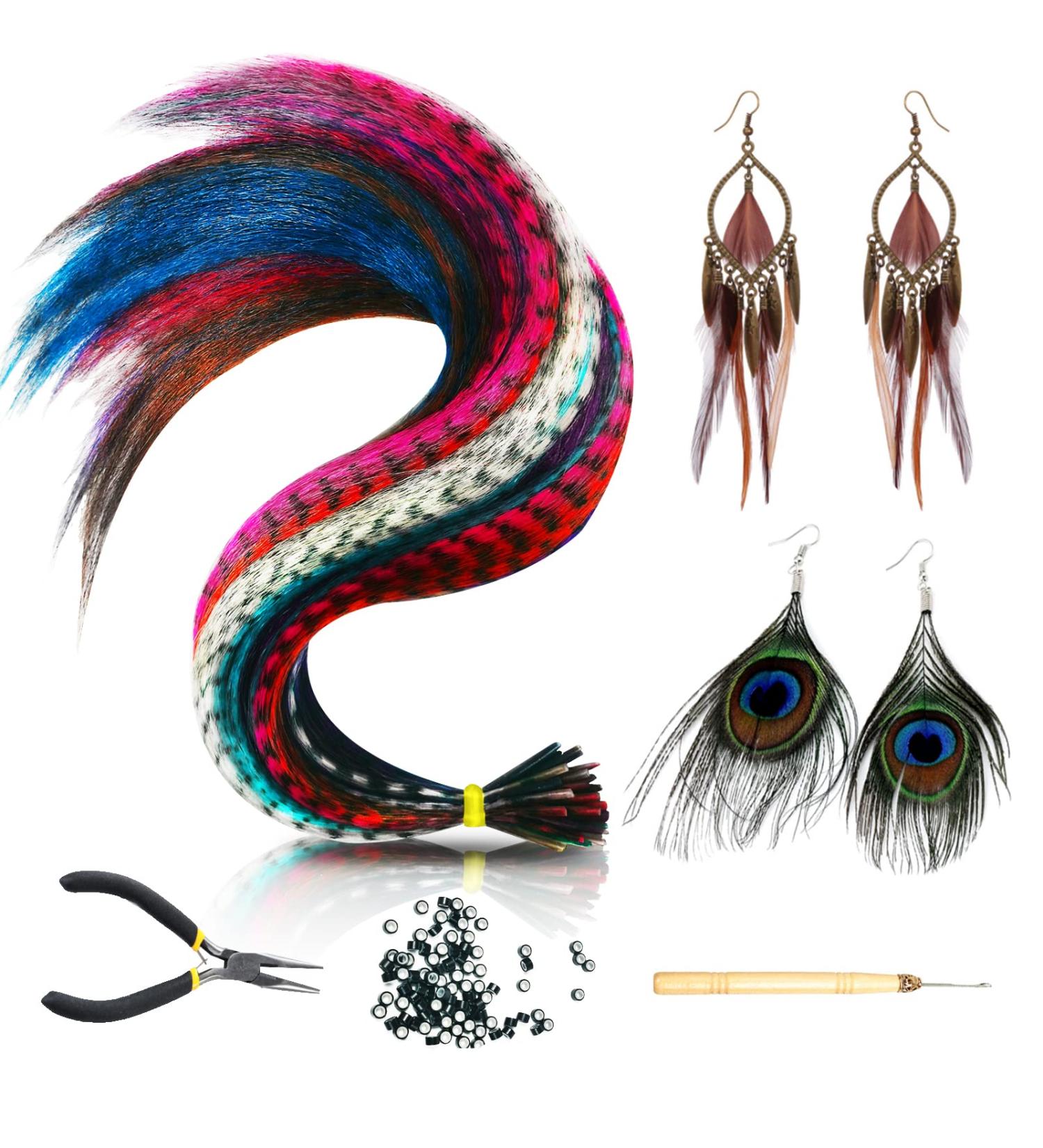 Feather Hair Extensions Kit: 16 Inches 50 Strands Colored Hair Extensions with Rooster & Peacock Feather Earrings - Ideal Christmas Hair Accessories for Women and Girls - Buy Online on SooperMarket.com