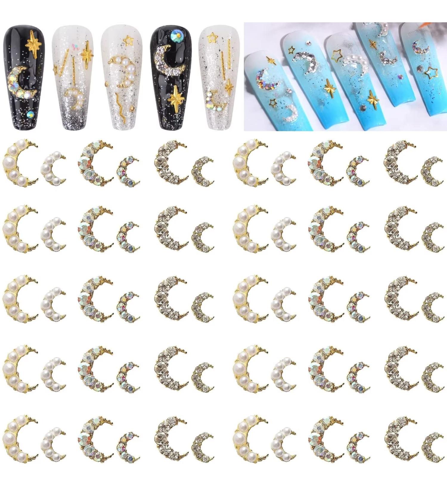 RUNRAYAY 60Pcs 3D Moon Nail Art Charms Colorful & Pearl & Crystal Elegant Nail Studs Diamonds for Nail Accessories Nail Jewelry Decoration for DIY Crafts Nail Decor - Buy Online on SooperMarket.com