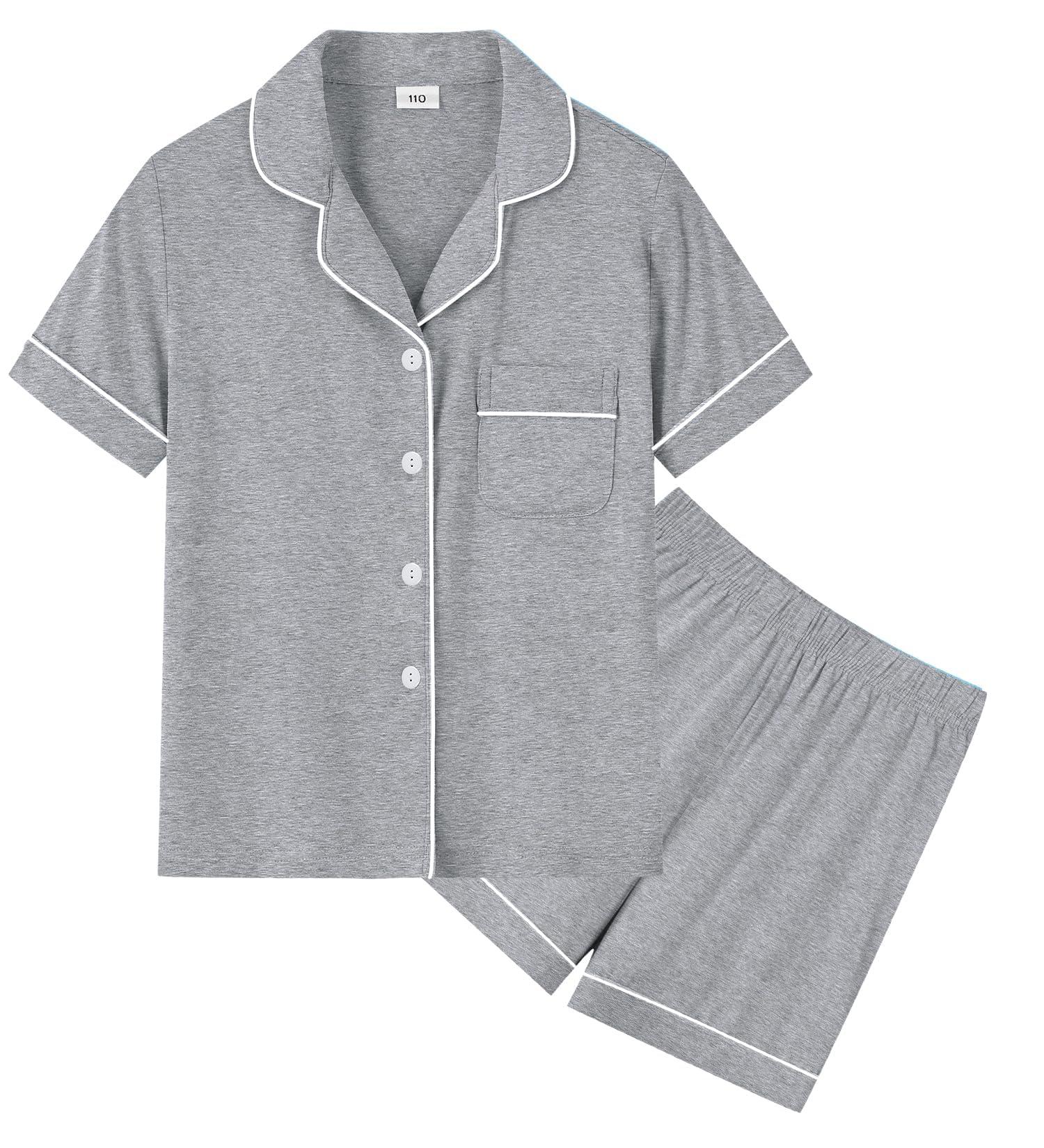 SWOMOG Unisex Modal Pyjamas Set - Short Sleeve Button-Down PJs for Boys & Girls, 8-9 Years, Gray - Buy Online on SooperMarket.com