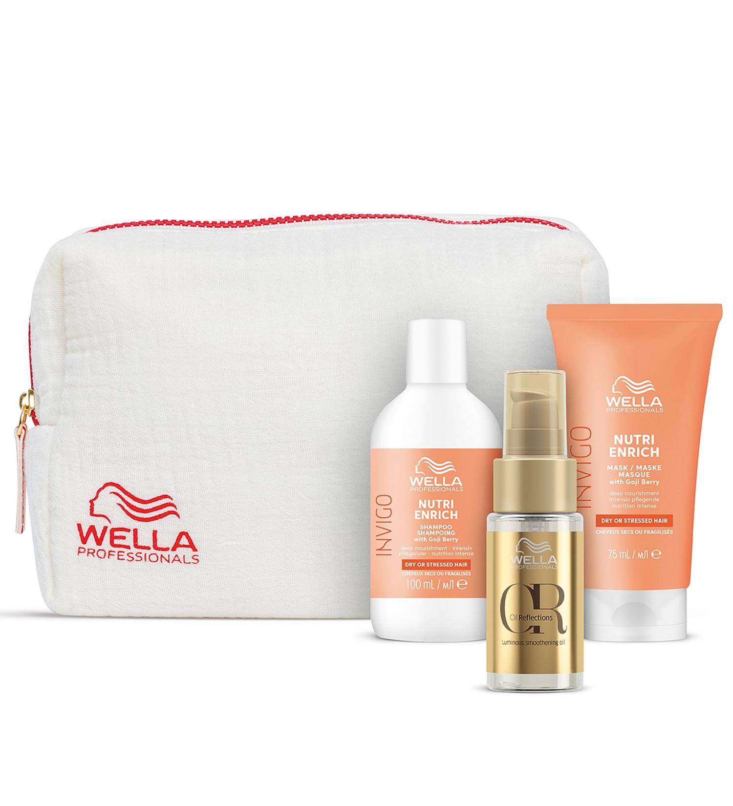 Wella Professionals Nutri Enrich Travel Set | Nourishing Shampoo Hair Mask & Oil for Stressed Hair - 100ml 75ml & 30ml + Cosmetic Bag - Buy Online on SooperMarket.com