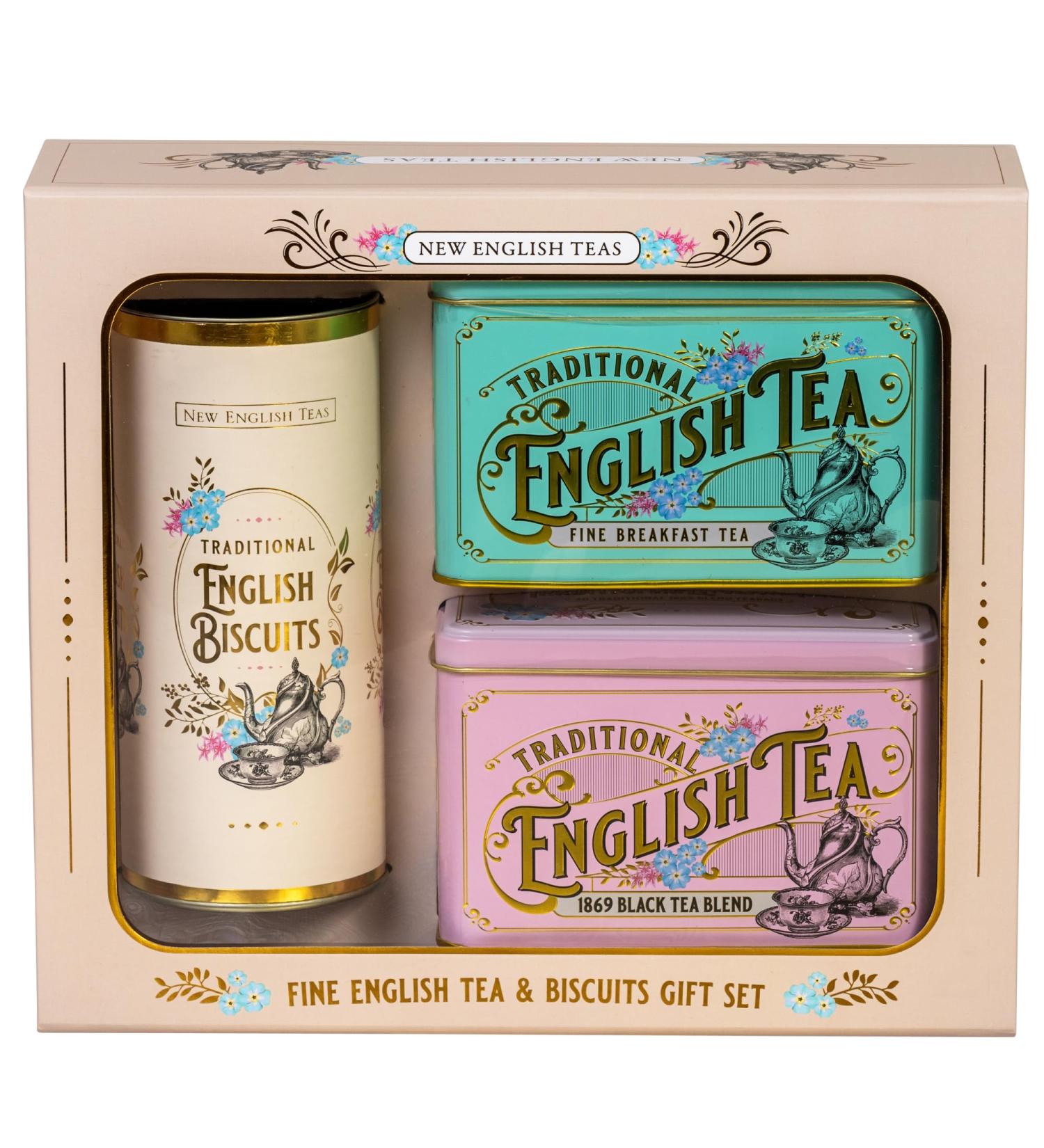 New English Teas Vintage Victorian Tea & Biscuits Gift Set with 80 Fine English Teabags 2 Tea Caddies and Luxury Cornish Biscuits - Buy Online on SooperMarket.com