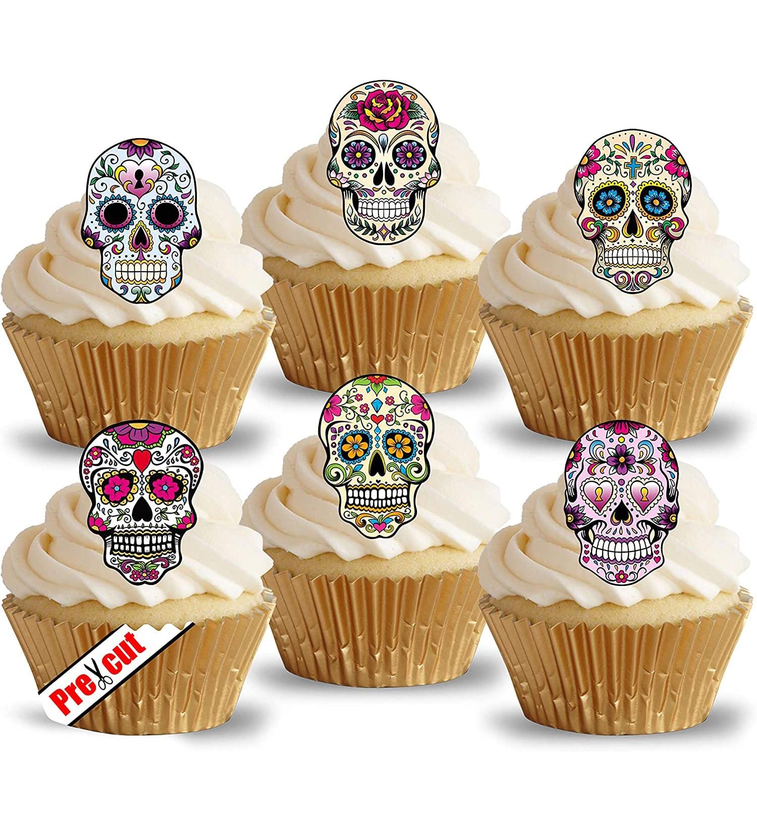 24 x Pre-Cut Calavera Skulls Edible Rice/Wafer Paper Cupcake Cake Toppers Halloween Party Birthday Decorations