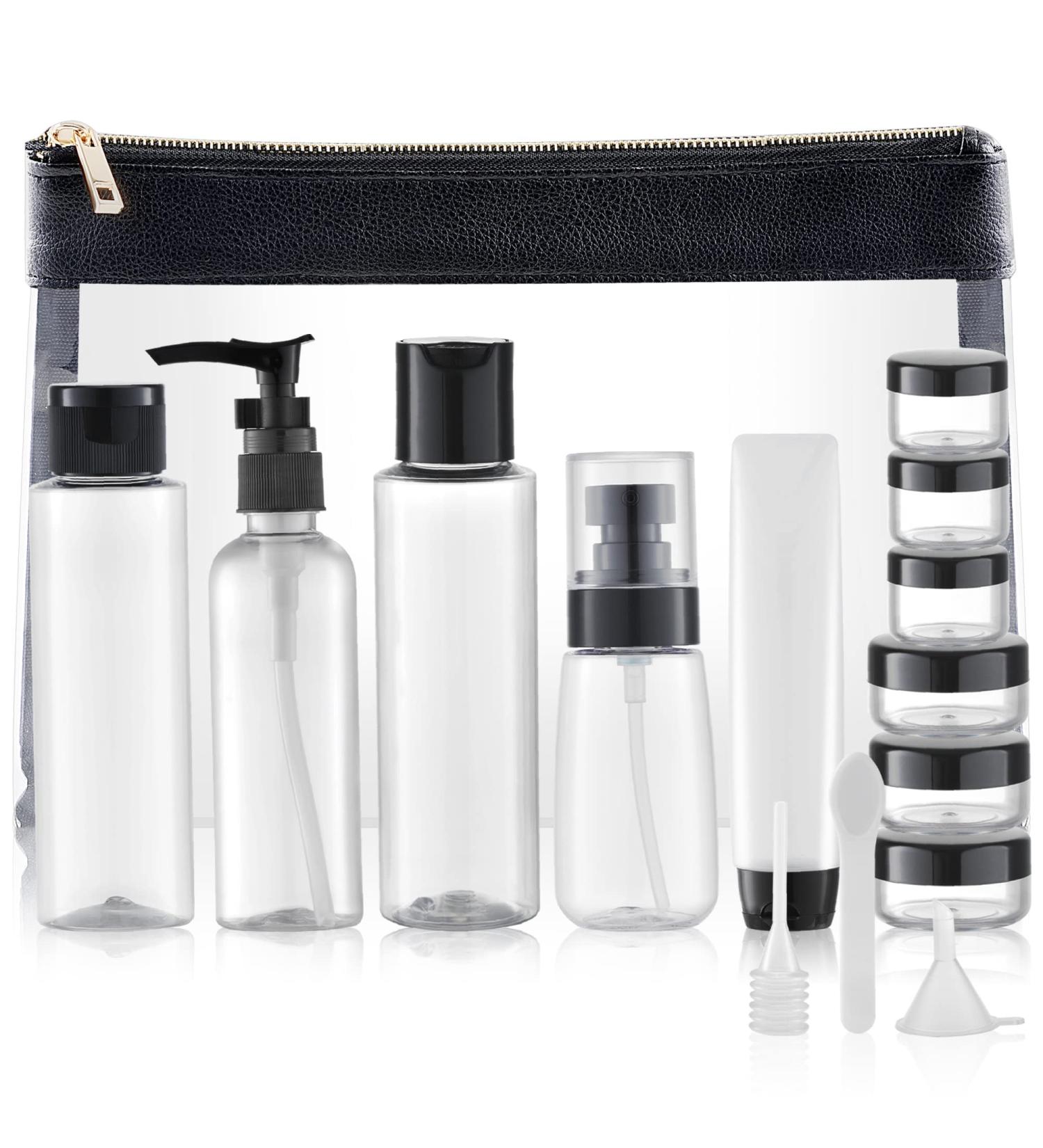 Toureal 15-Piece Empty Travel Bottles Set | Leather Travel Size Containers for Cosmetics (Max. 100ml) - Perfect for Airplane Use (Transparent) - Buy Online on SooperMarket.com