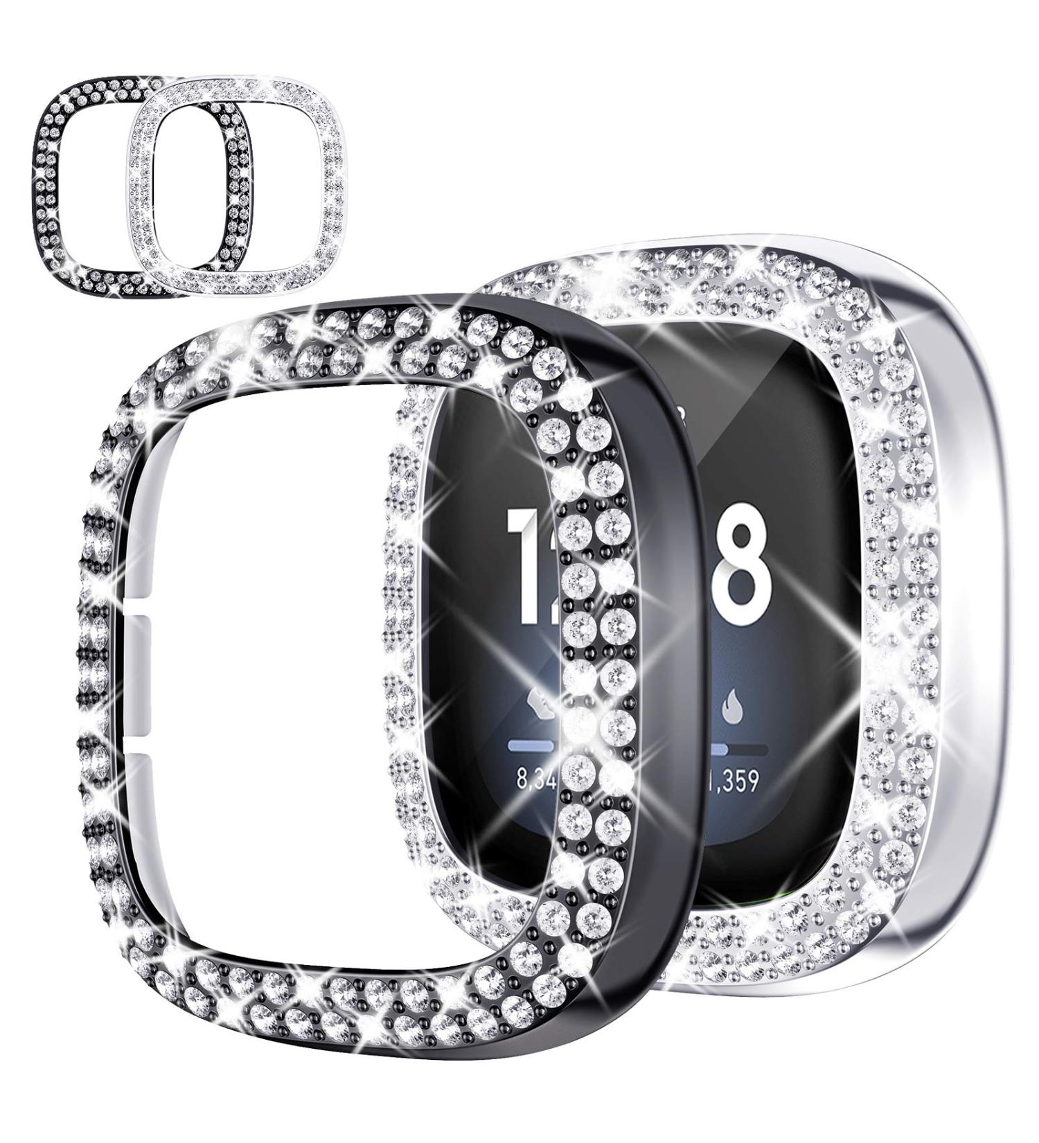 Tensea 2Pack Bling Protector Case for Fitbit Versa 3/Sense - Black/Silver Diamond Frame Cover for Women - Buy Online on SooperMarket.com