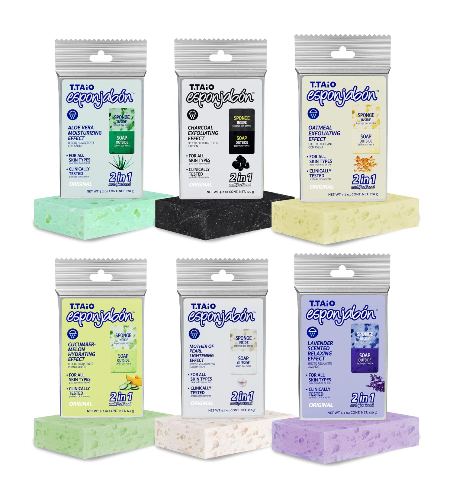T.Taio Esponjabon Soap Sponge Variety Pack - 6-Pack Shower Sponge & Bath Scrubber Set - Mother of Pearl, Aloe Vera, Lavender, Charcoal, Cucumber-Melon, Oatmeal - Exfoliating Massage Face Sponge - Bathroom Accessories - Buy Online on SooperMarket.com