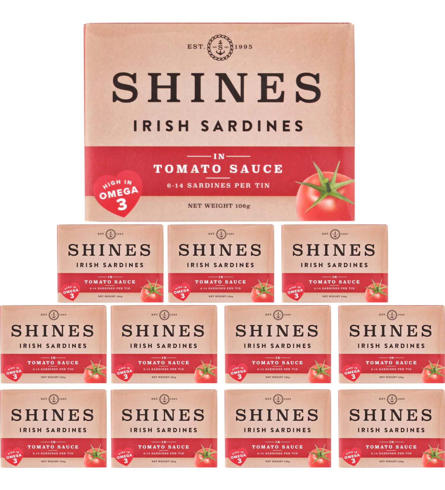 Shines Tinned Irish Sardines in Tomato Sauce - Pilchards - 12 x 106g Cans - Buy Online on SooperMarket.com