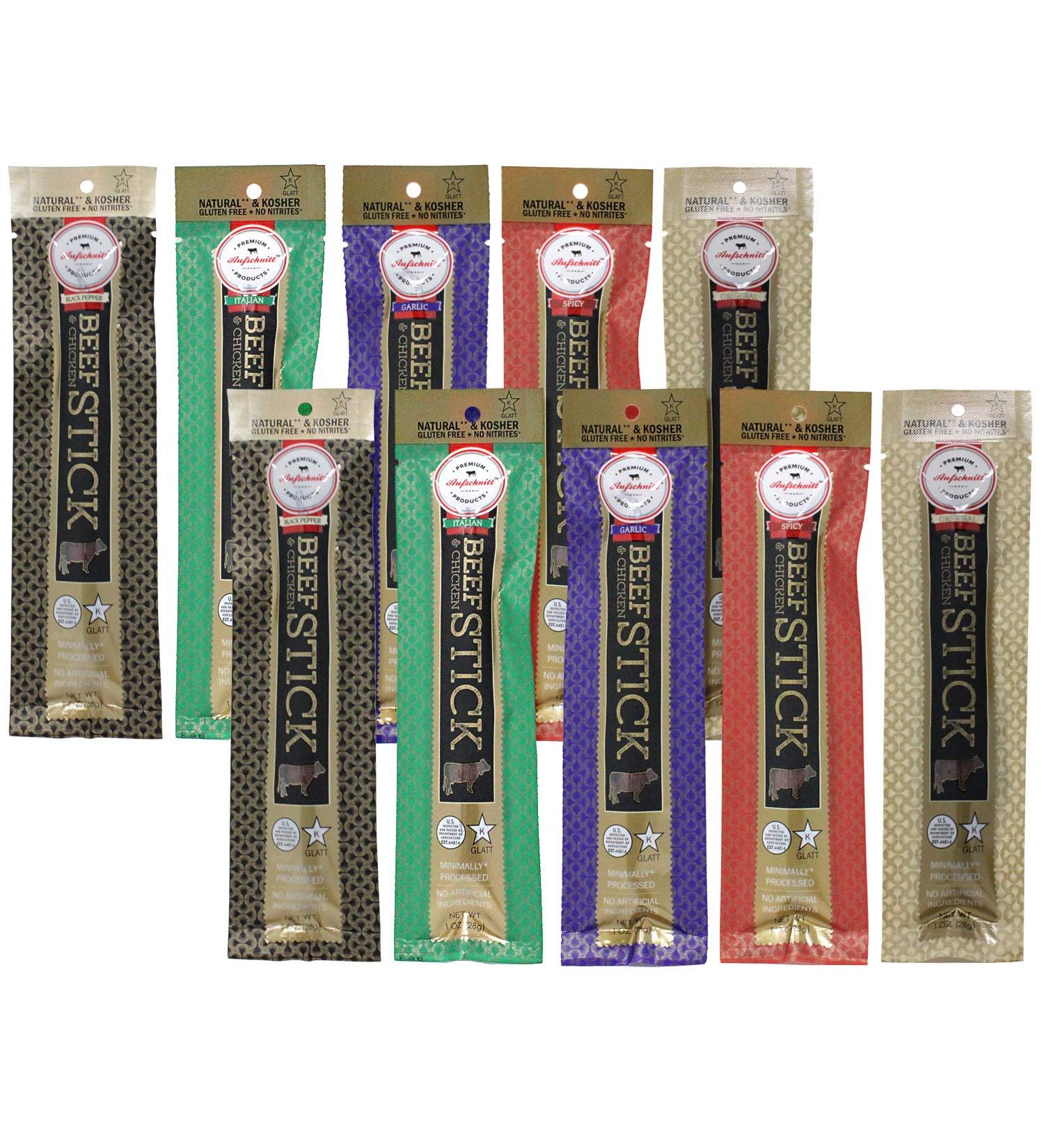 Aufschnitt All Natural Kosher Gluten Free Beef and Chicken Sticks Variety Pack - 1 oz 10 Pack, No Nitrates, Star-K Certified Kosher - Buy Online on SooperMarket.com
