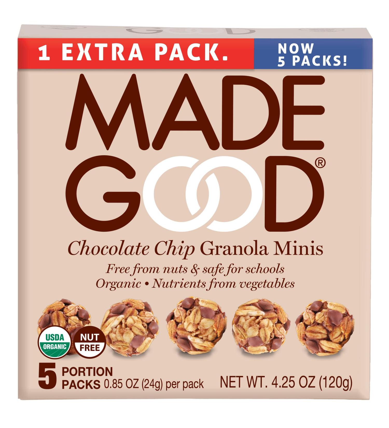 MadeGood Chocolate Chip Granola Minis, 6 Boxes; Delicious and Wholesome Bite-Sized Treats Made with Organic and Allergy Friendly Ingredients Perfect for School Snacks and Lunches