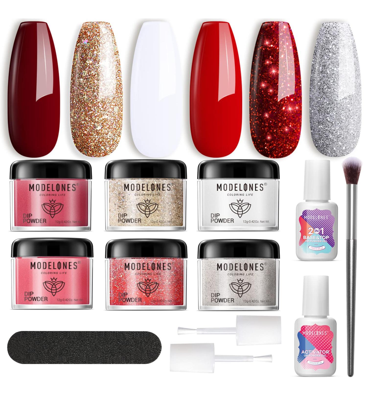 Modelones 12Pcs Dip Powder Nail Kit Valentine's Day Set - Red White Glitters Dipping Powder System with Base & Top Coat Activator - French Nail Art Manicure Tools - Buy Online on SooperMarket.com
