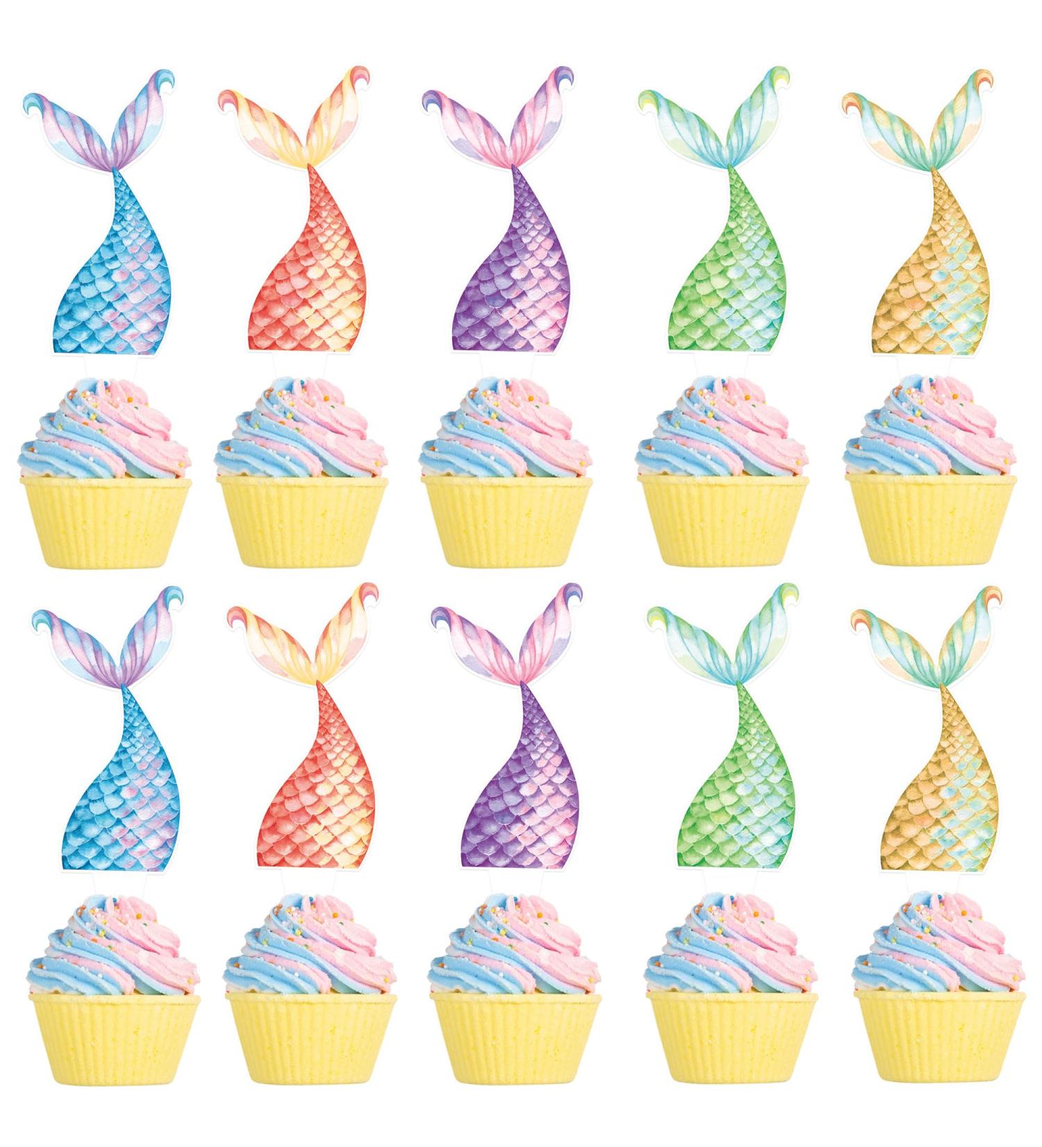 Cyodoos 25Pcs Mermaid Tails Cupcake Toppers Mermaid Tail for Mermaid Party Decoration Baby Shower Party Supplies (two-sided) - Buy Online on SooperMarket.com
