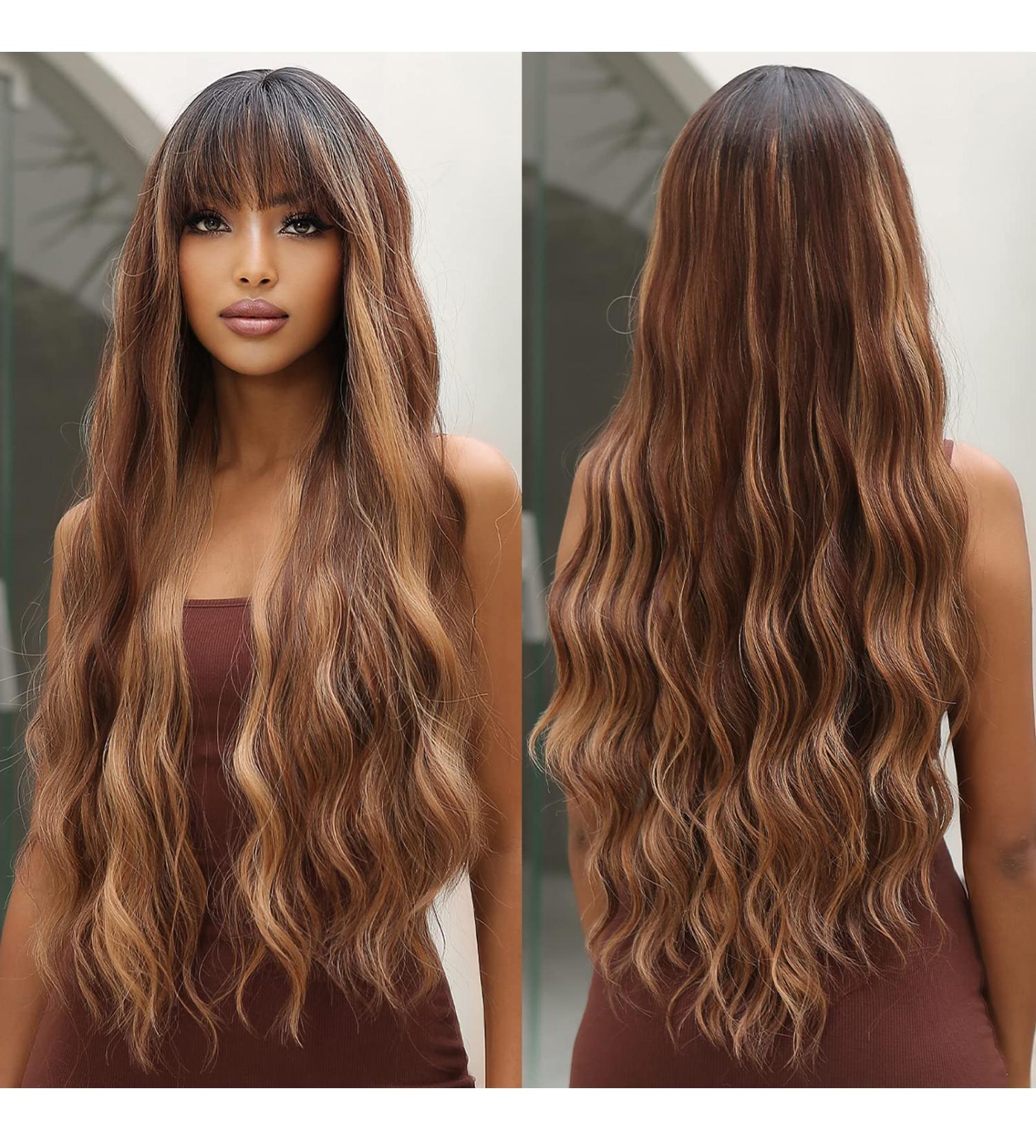 Allbell Long Wave Brown Highlight Wig with Bangs | Synthetic Hair Dark Roots Brown Mixed Blonde - Women's Wigs - Buy Online on SooperMarket.com