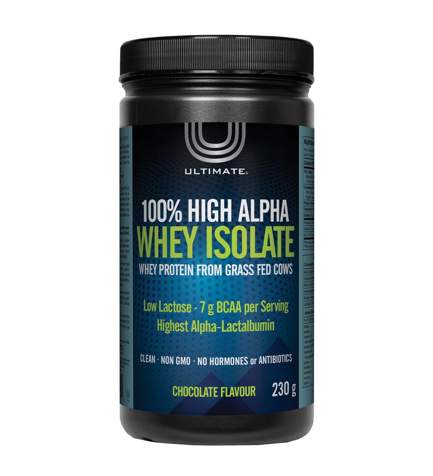Ultimate 100% High Alpha Whey Isolate Chocolate Powder 230g High Performance Low Lactose Grass-Fed Highest alpha-lactalbumin 7g of BCAA per serving - Buy Online on SooperMarket.com