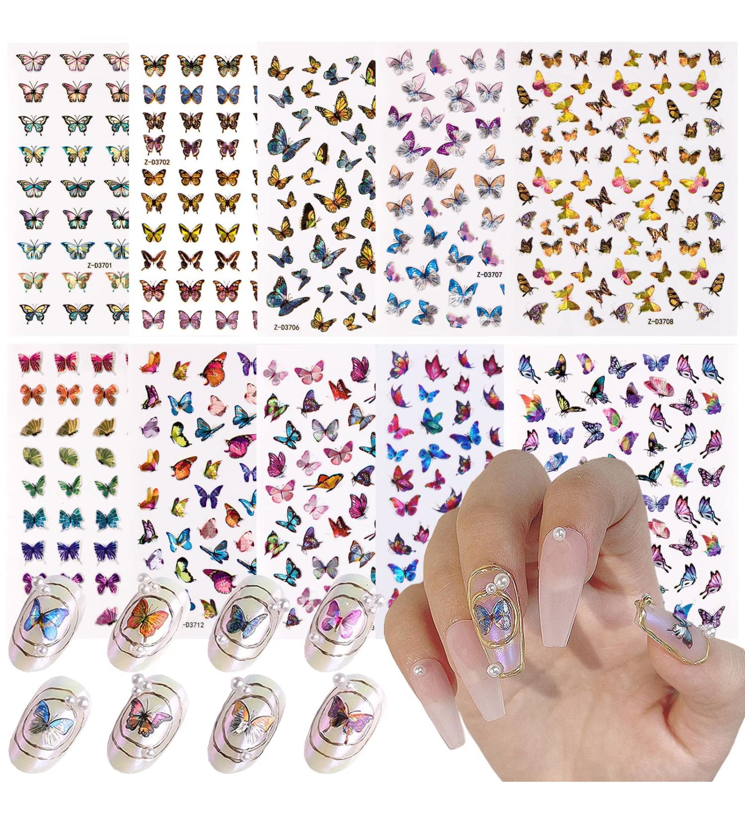 Eseres 10 Sheets 3D Laser Butterfly Nail Stickers - Self-Adhesive Colorful Butterflies Decals for Nail Art - Buy Online on SooperMarket.com
