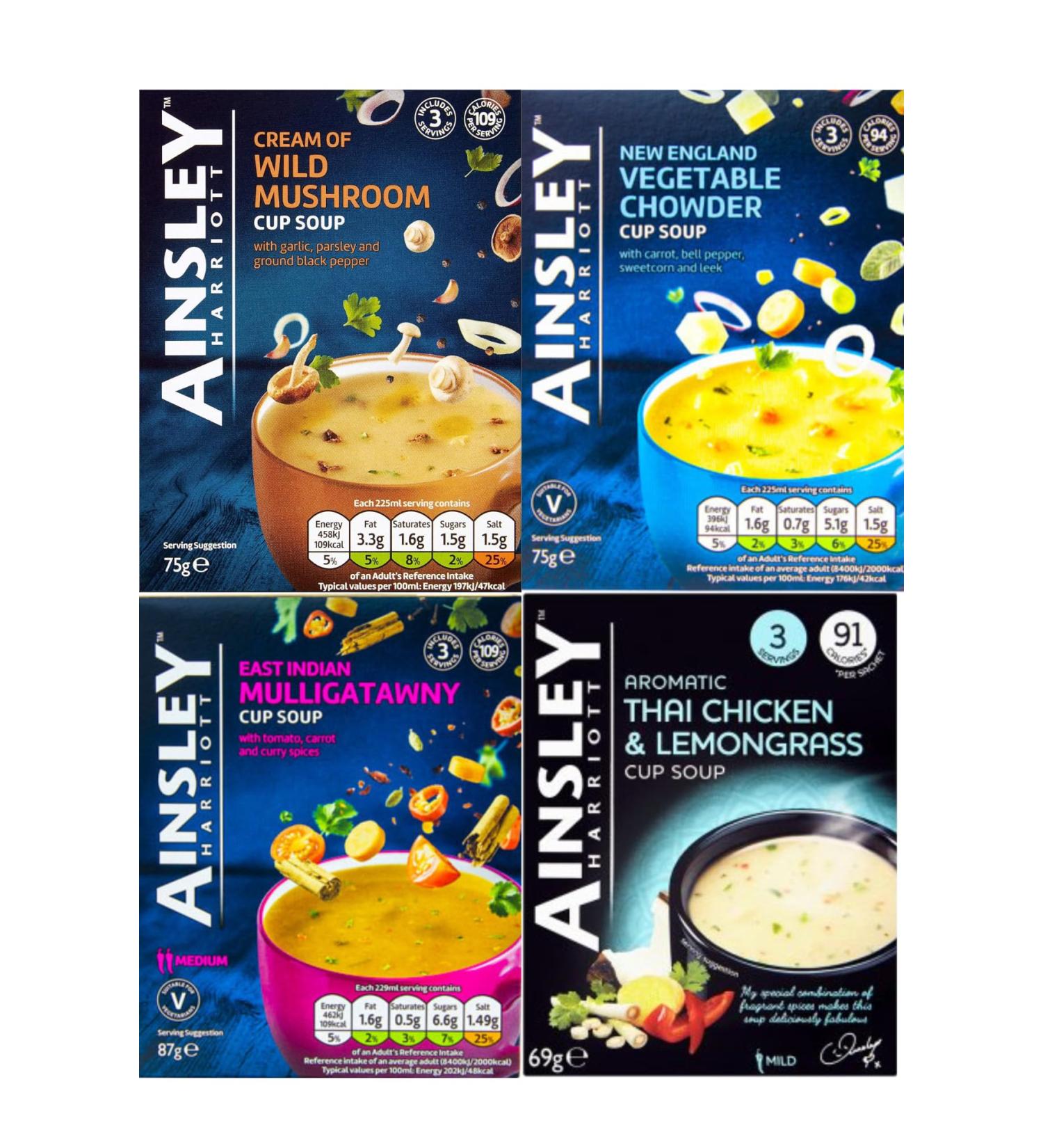 Ainsley Harriott Cup Soup 4 Box Multi Variety Pack 3 Sachets Each of Chicken & Lemongrass Mulligatawny Vegetable Chowder Wild Mushroom Instant Snack - Buy Online on SooperMarket.com