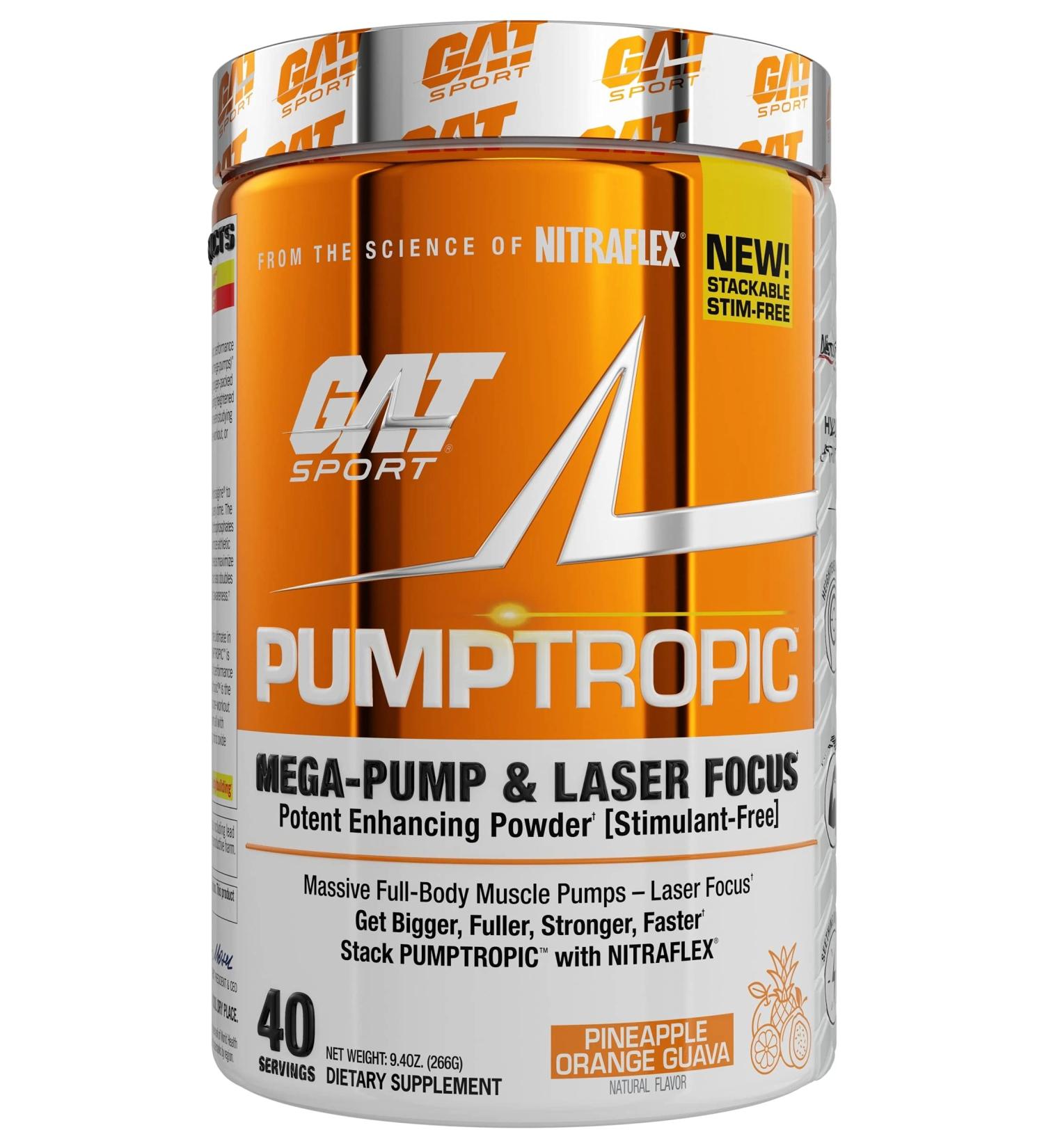 GAT Sport Pumptropic Mega-Pump & Laser Focus Potent Enhancing Powder (Stimulant-Free), 40 Servings (Pineapple Orange Guava)