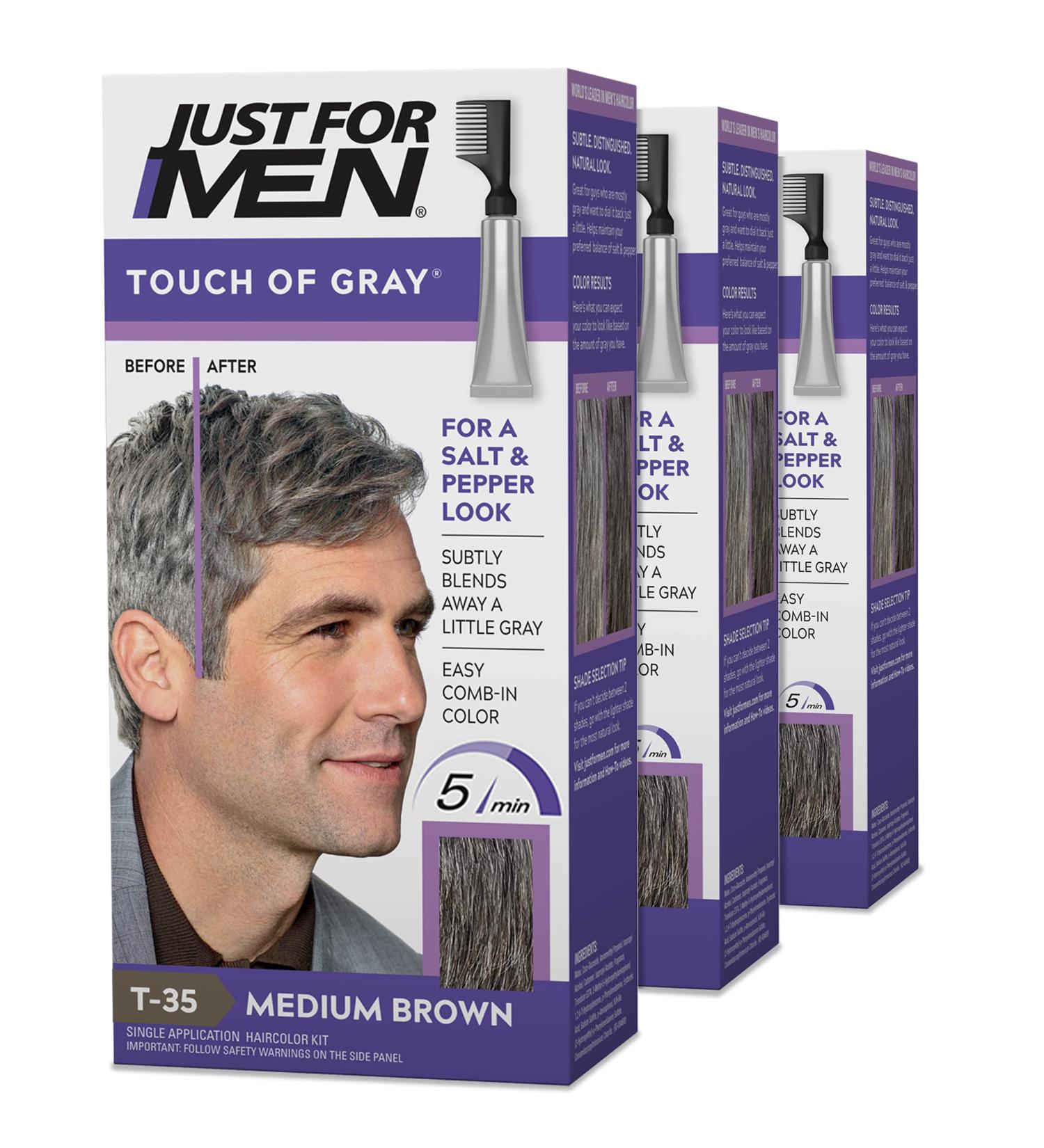 Just For Men Touch of Gray Men's Hair Color Kit - Medium Brown T-35 (Pack of 3) | Comb Applicator for Salt and Pepper Look - Buy Online on SooperMarket.com