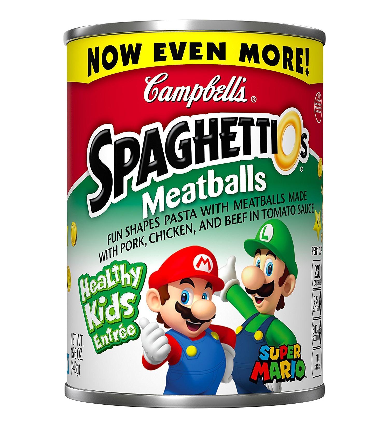 SpaghettiOs Super Mario Bros Canned Pasta with Meatballs, Snacks for Kids and Adults, 15.6 OZ Can (Pack of 12) Mario Meatball