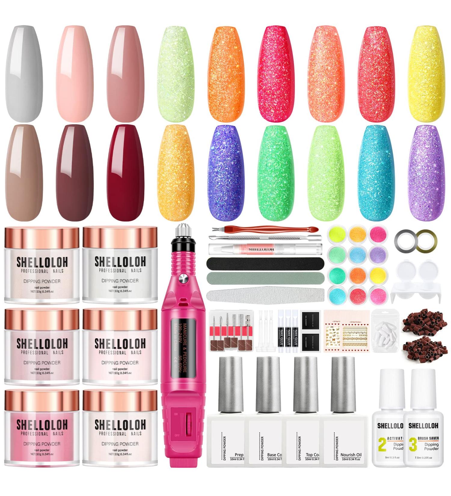 Dipping Powder Nail Kit Starter with Nail Drill - 6 Color Set with Glitter and Essential Liquid, Manicure Tools Gift for Women - Buy Online on SooperMarket.com