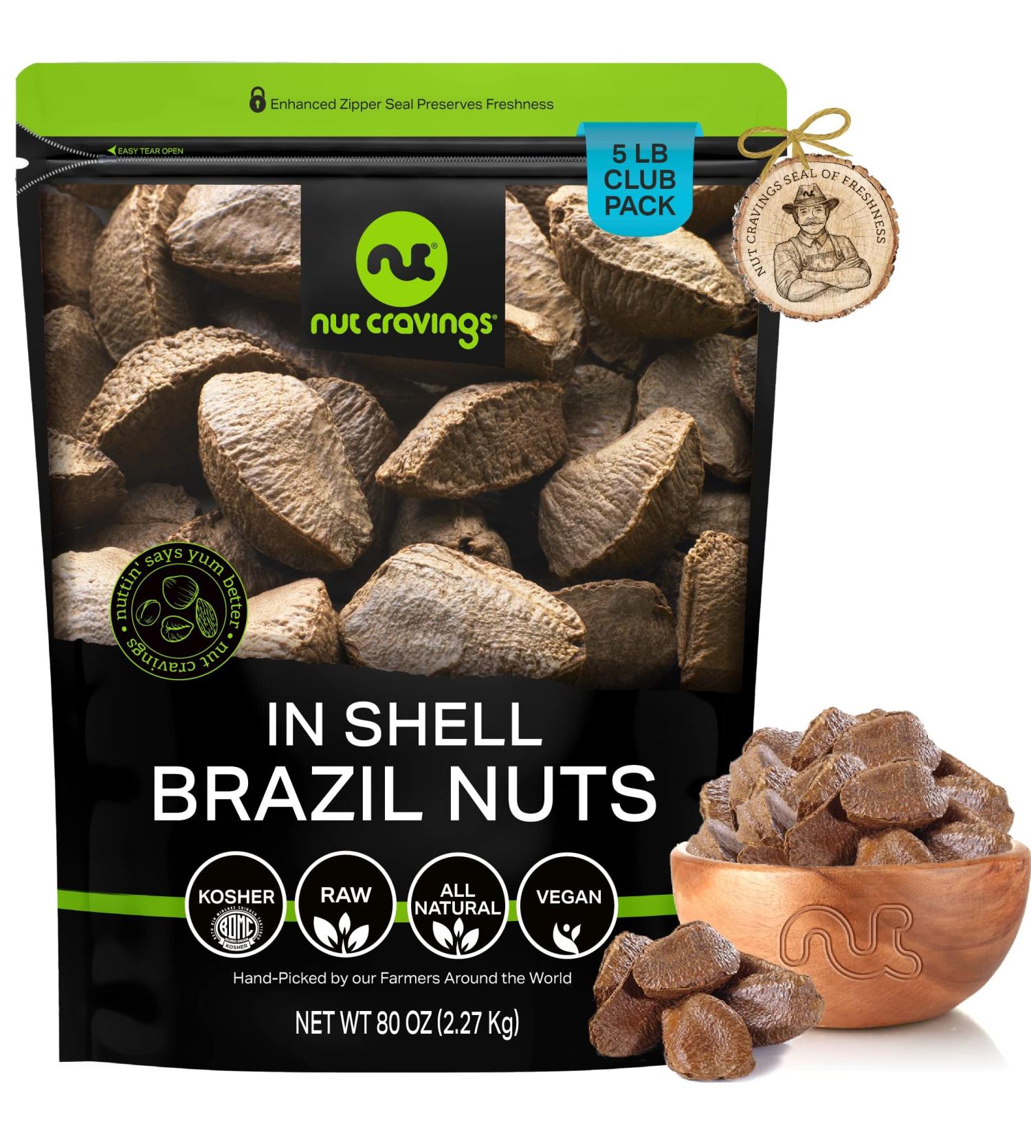 Raw Brazil Nuts In Shell - Whole Superior Quality (5 LB) - Fresh & Healthy Protein Snack - All Natural Keto Friendly & Vegan - 5 Pound Resealable Bulk Pack - Buy Online on SooperMarket.com