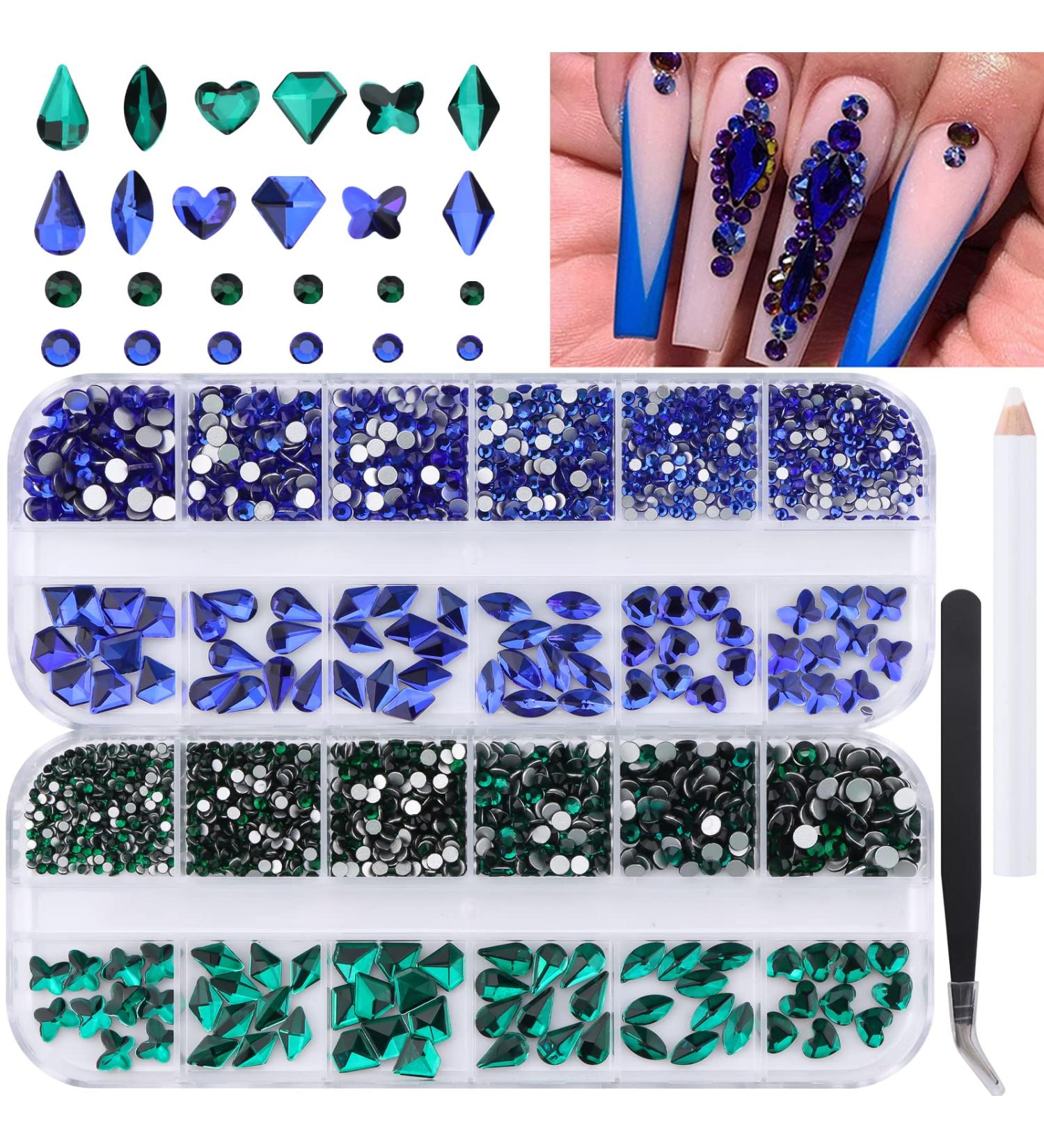 Kalolary Green Nail Rhinestones and Blue Crystal Gems Set - Nail Art Decoration Kit with Tweezer and Picker for DIY Acrylic Nails - Buy Online on SooperMarket.com