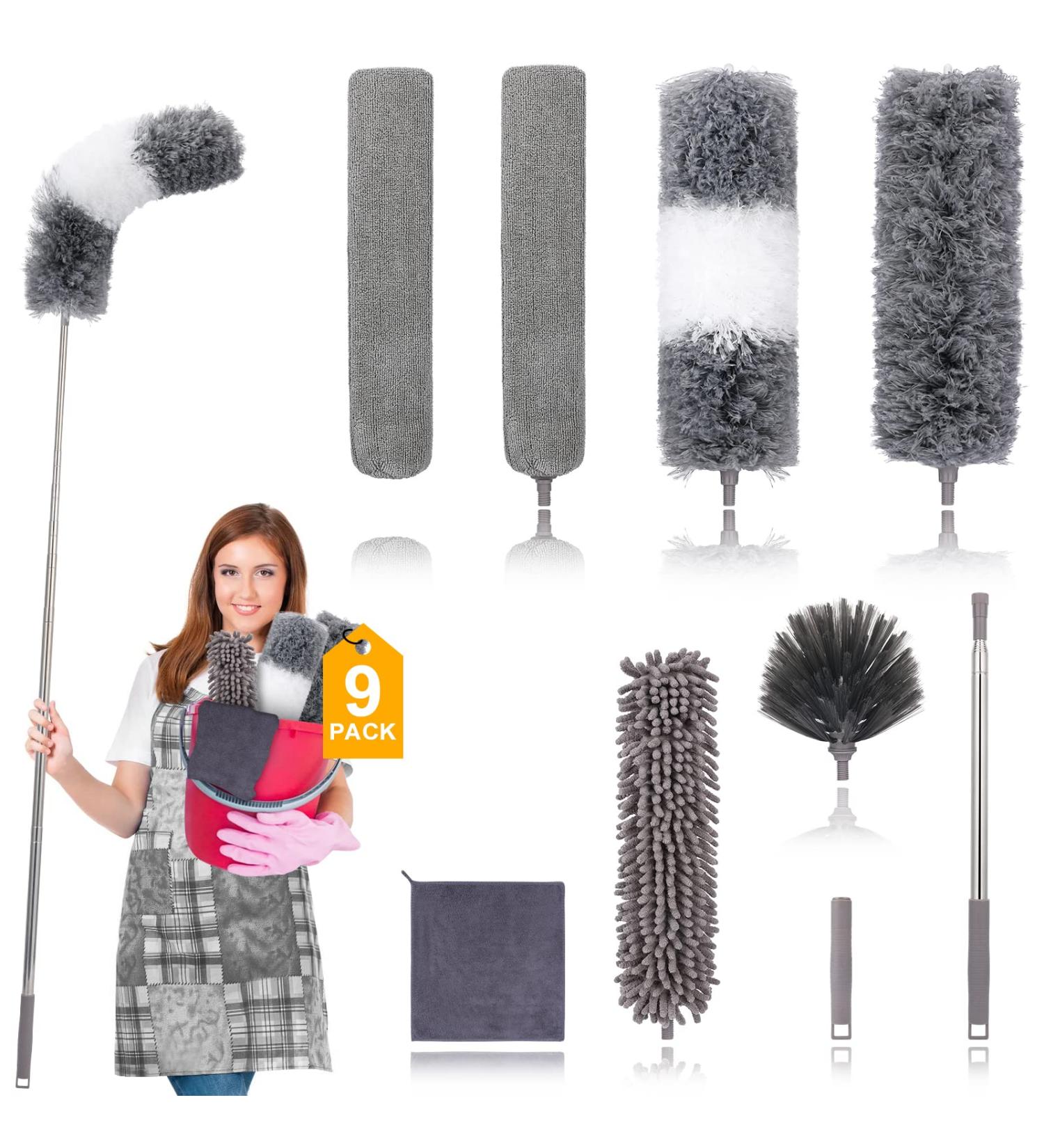 DEEHYO Microfiber Duster Set - 9PCS Extendable Stainless Steel Feather Duster, 30-100 Inches, Reusable & Washable - Ideal for Cleaning High Ceilings, Fans, Blinds, Furniture & Cars - Buy Online on SooperMarket.com