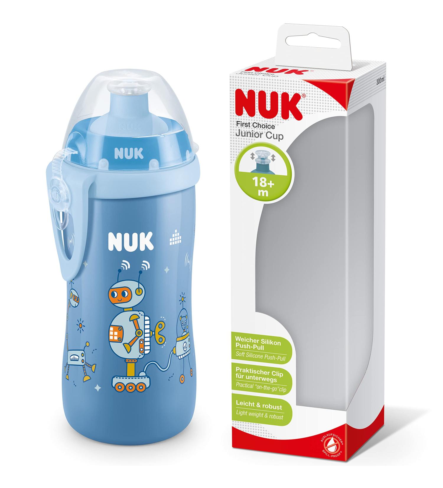 Nuk Junior Cup Drinking Clay Bottle 300ml | Leak-Proof BPA Free for 18 Months+ | Blue Robot Design - Buy Online on SooperMarket.com