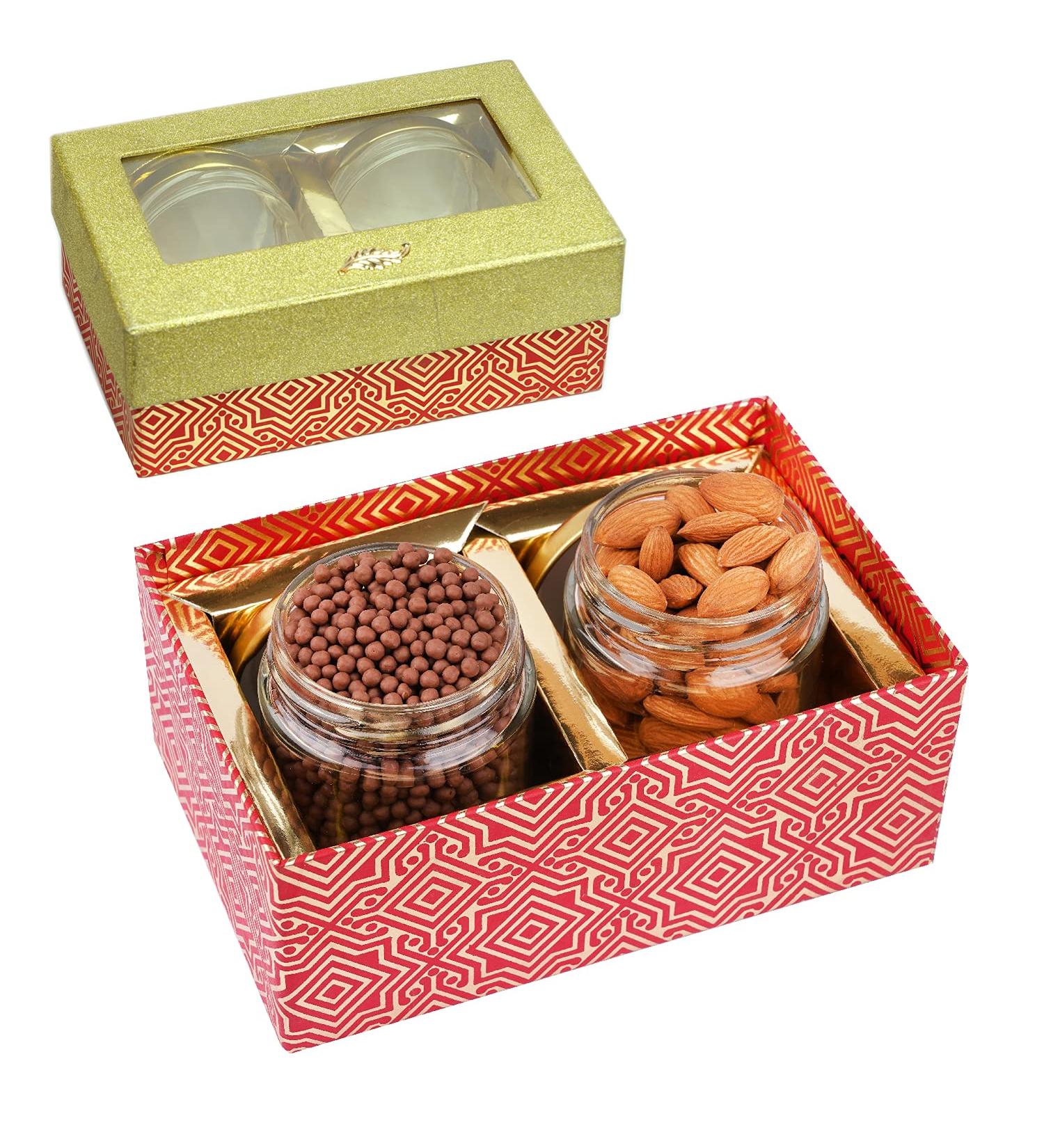 Jaiccha Ghasitaram Dryfruits Hamper- box with 2 Jars of Almonds and Choco Coated Rice Crispies |Gift for Diwali Holi Rakhi Valentine Christmas Birthday Anniversary Her Him| - Buy Online on SooperMarket.com
