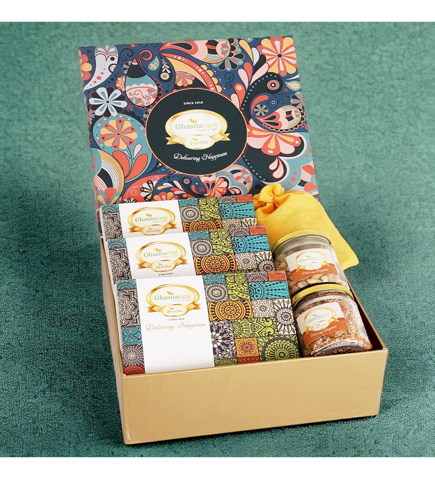 Ghasitaram Gifts Jaiccha Lohri Sweets Gachak hampers Lohri Hamper Box Big of Til Laddoo Khajoor Gachak Revadi Til Almonds Peanuts - Buy Online on SooperMarket.com