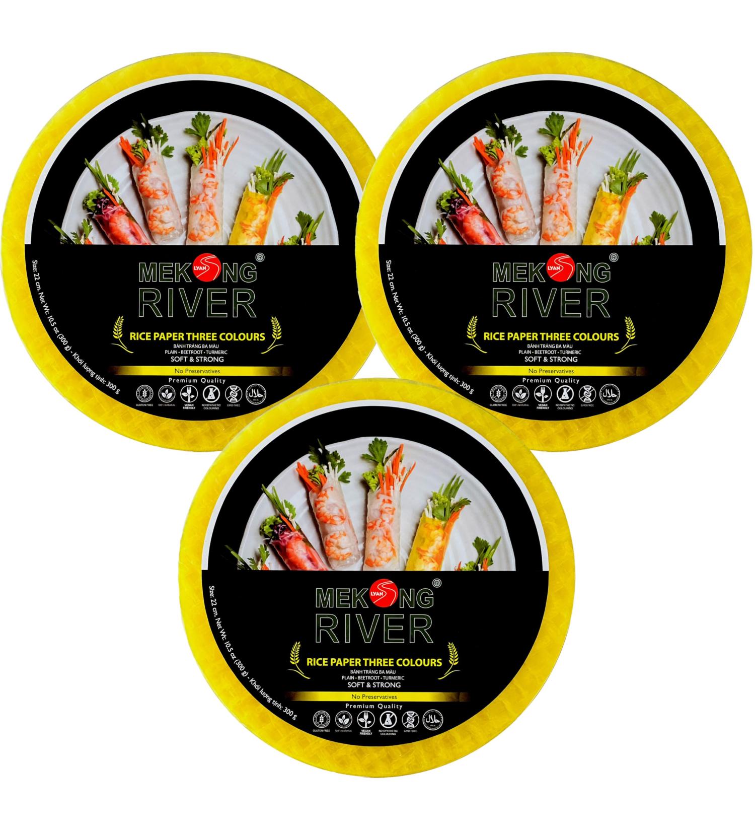 Lyan Mekong River Banh Trang Vietnamese Three Colours Rice Paper Round 22cm - 300g - Pack of 3 | Vegan | Gluten-Free | 100% Natural Rice Paper