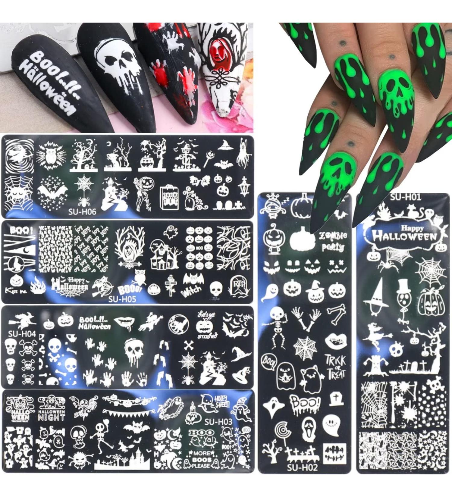 6Pcs Halloween Nail Stamping Plates - Pumpkin, Grimace, Skull Eye Designs | Holiday Party Manicure Stencils - Buy Online on SooperMarket.com