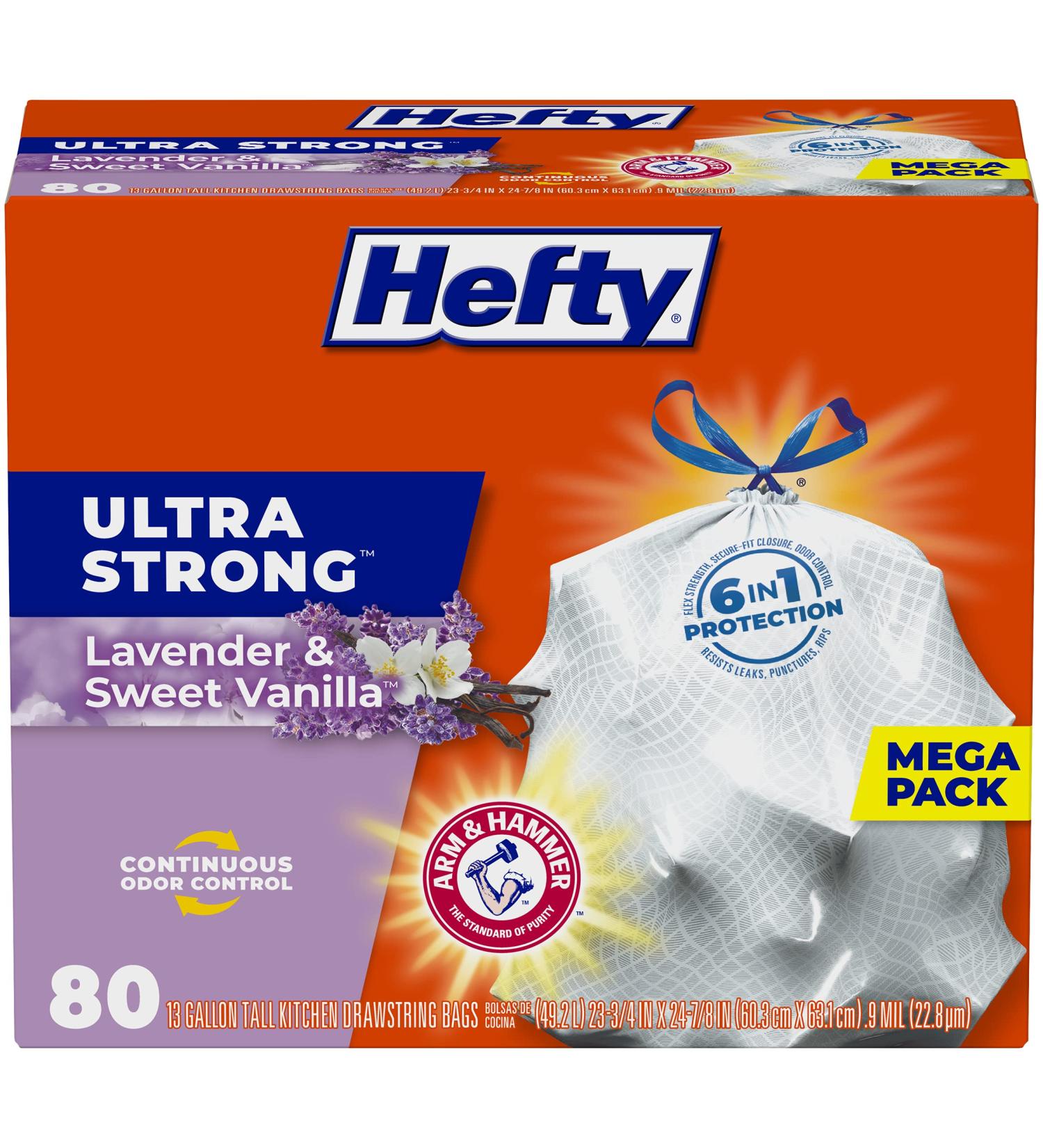 Hefty Ultra Strong Tall Kitchen Trash Bags  Lavender & Sweet Vanilla Scent  13 Gallon  80 Count - Buy Online on SooperMarket.com