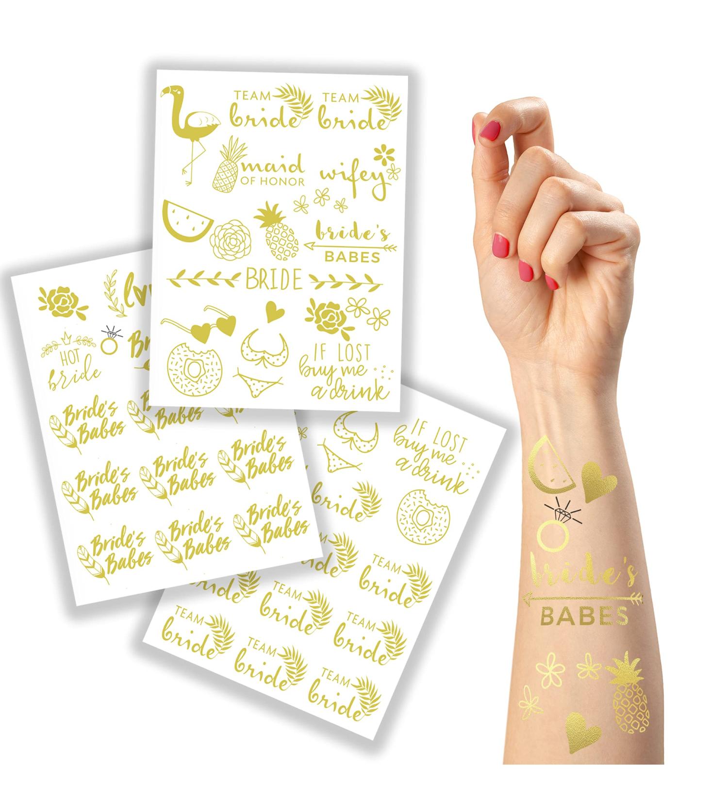 Bride to Be Bachelorette Party Tattoos - 50 Gold Metallic Designs - Team Bride Cheers Wifey Hot Bride - Waterproof & Non-toxic - Buy Online on SooperMarket.com