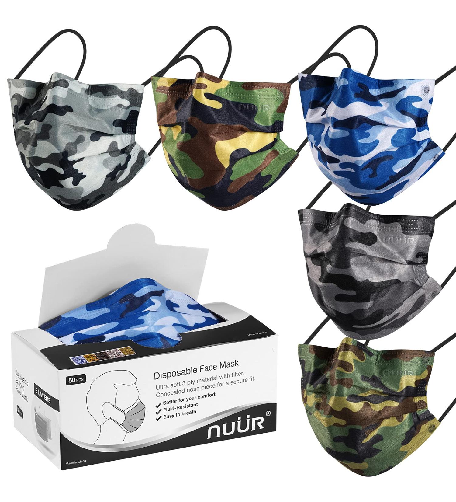 NU R Disposable Face Mask 3Ply Mask with Filter Layer and Elastic Earloop Retail 50pcs/box CAMO 50PCS - Buy Online on SooperMarket.com