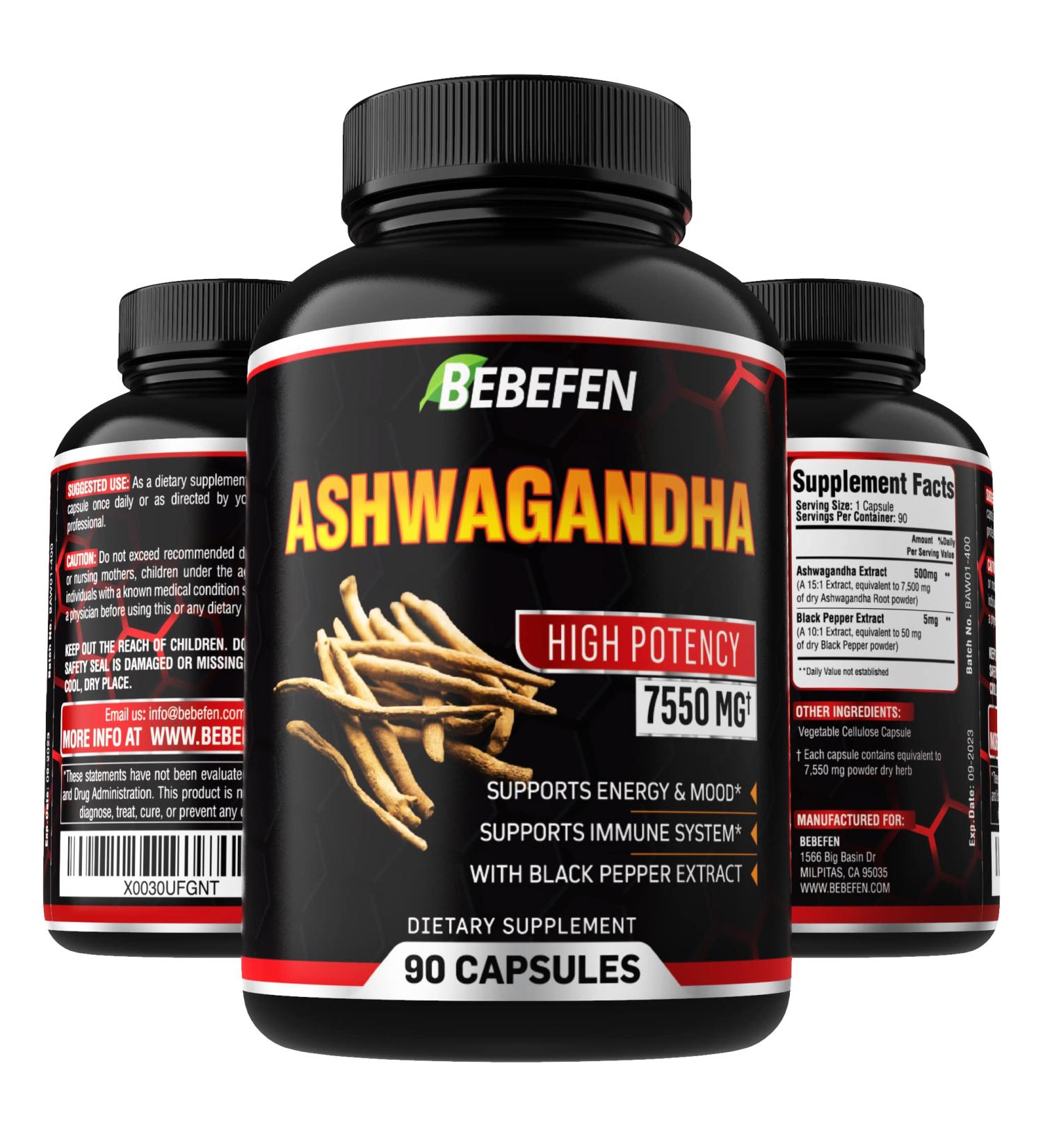 Ashwagandha Capsules 7550mg with Black Pepper Extract - Energy Support Supplement - 90 Capsules - 3 Months Supply - Buy Online on SooperMarket.com